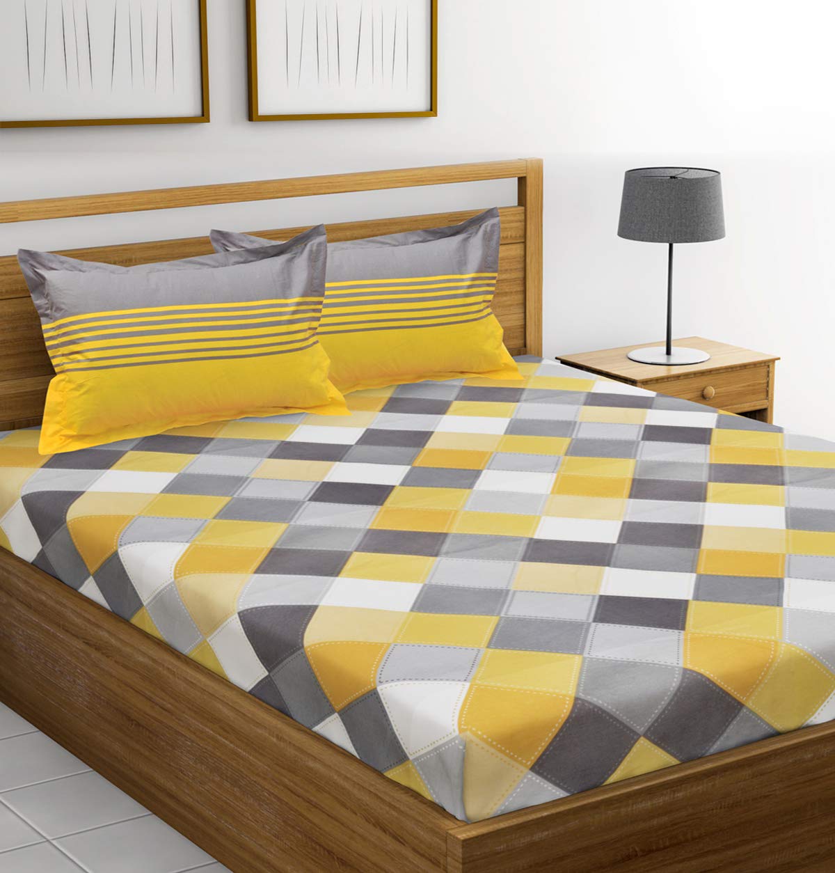 Huesland By Ahmedabad Cotton 144 Tc Cotton King Size Bedsheet With 2 Pillow Covers  Yellow, Grey(9Ft X 9Ft)