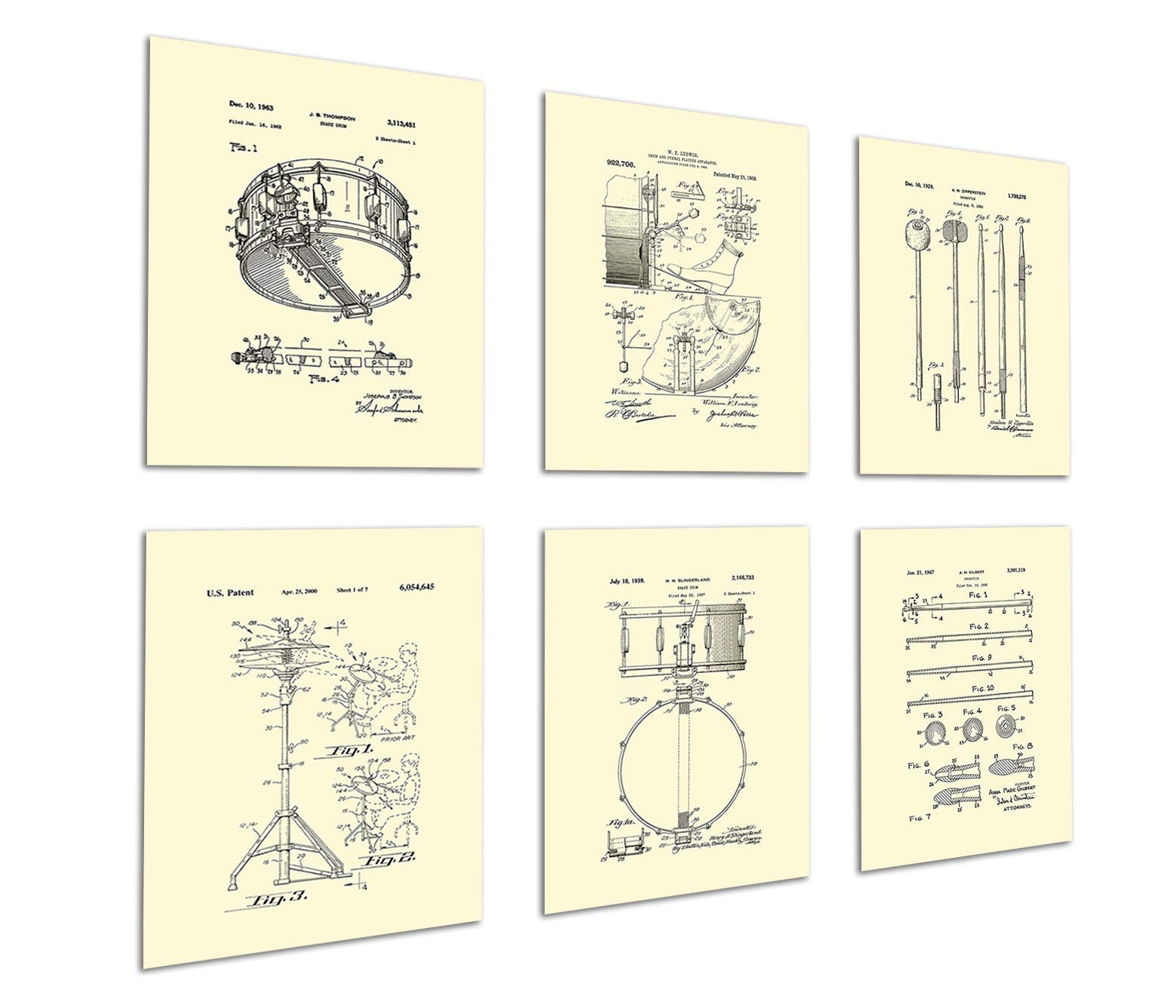 Drum Posters Set of 6 Unframed Patent Art Gift for Drummer Wall Decor Drumming_Crm6A