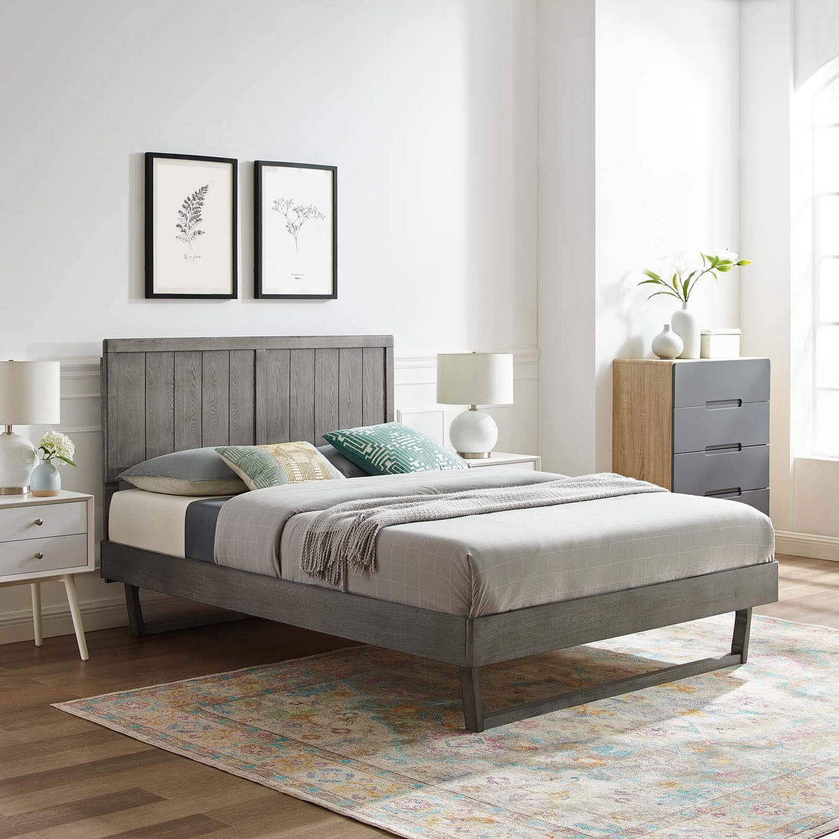 Modway Alana Wood Queen Platform Bed In Gray With Angular Frame