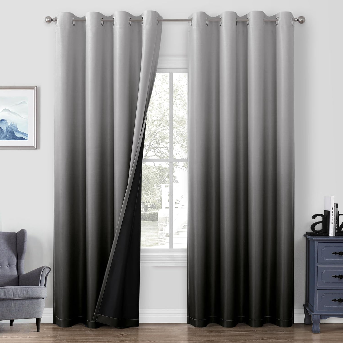 Homeideas 100% Black Ombre Blackout Curtains For Bedroom, Room Darkening Curtains 52 X 84 Inches Long Grommet Gradient Drapes, L
