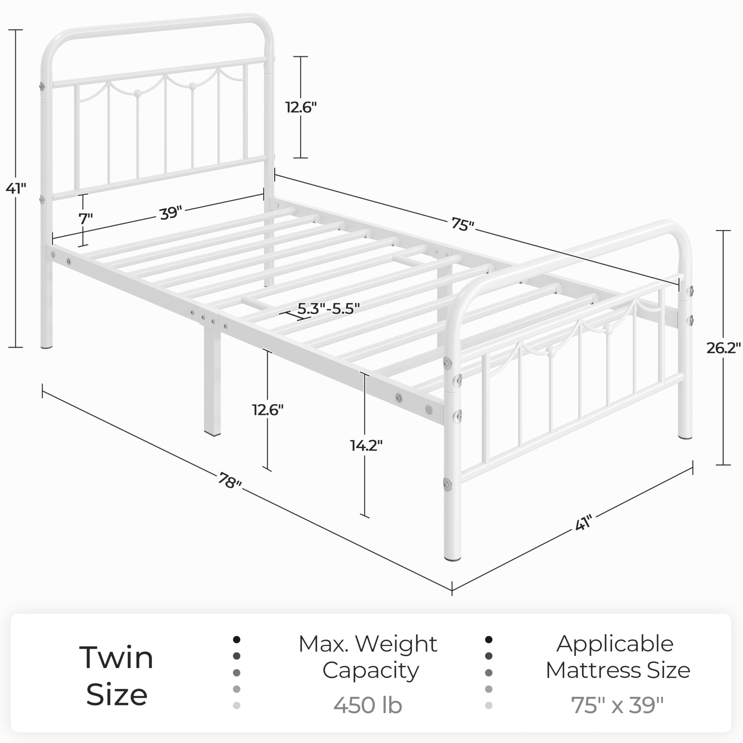 Yaheetech Twin Size Metal Bed Frames With Vintage Headboard And Footboard, Farmhouse Metal Platform Bed, Heavy Duty Steel Slat Support, Ample Under-Bed Storage, No Box Spring Needed, White