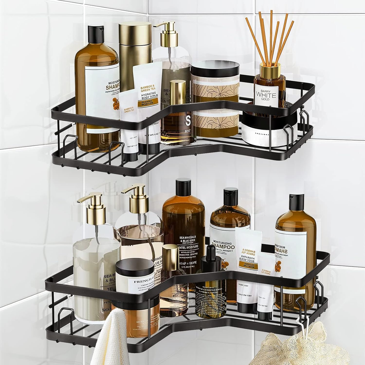 Jialto 2 Pcs Bathroom Corner Shelves, Metal Bathroom Shelf For Wall, Black Bathroom Organiser, Wall Mounted Bathroom Rack And Co