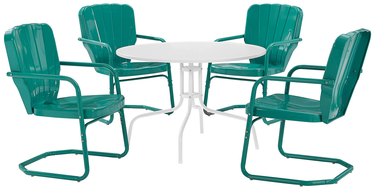 Crosley Furniture Ridgeland 5-Piece Outdoor Dining Set for 4, Retro Metal Round Patio Table and Chairs, Turquoise Gloss