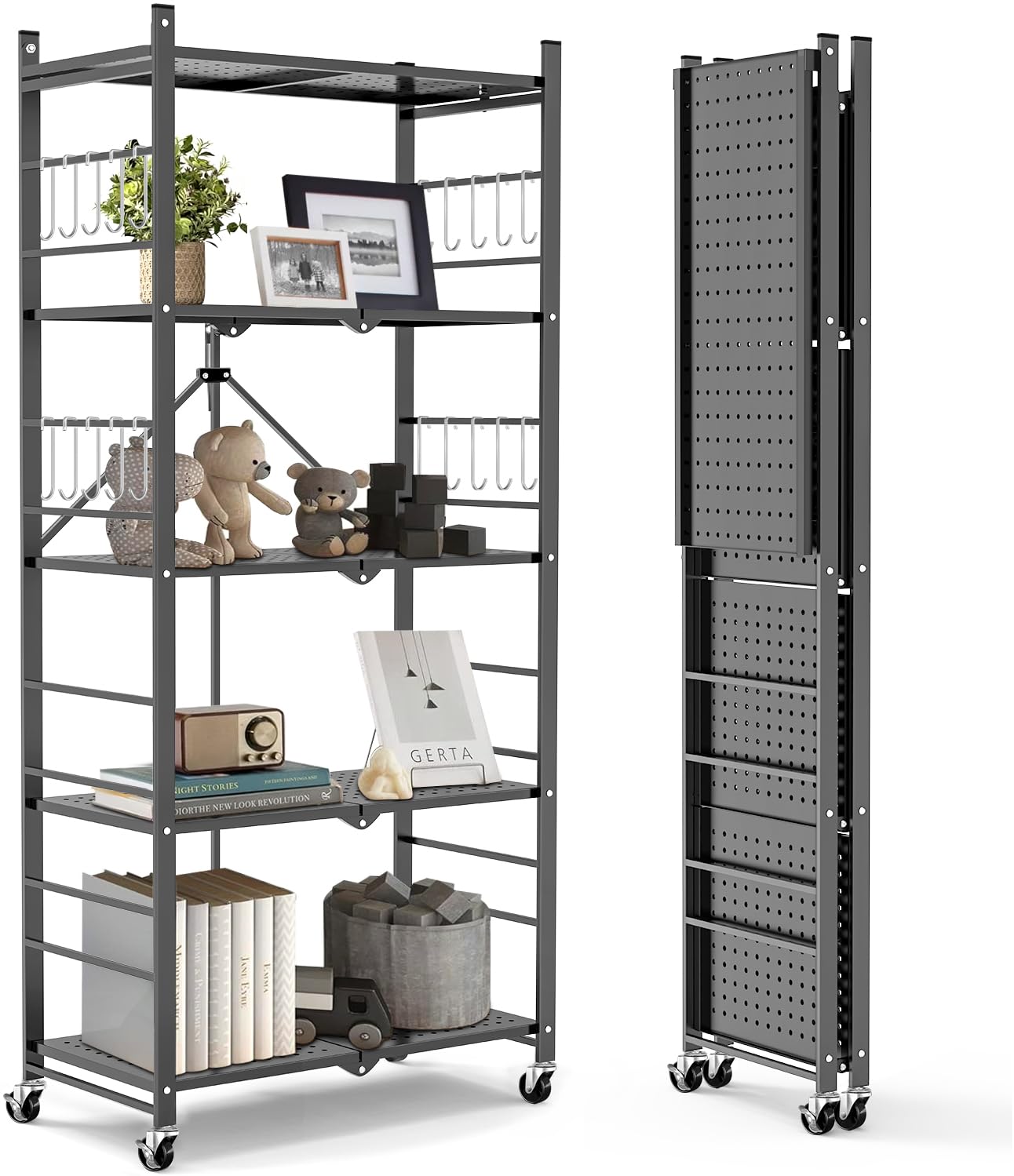 Himix Storage Shelves with 20 Hooks, 5-Tier Foldable Shelves for Storage, Folding Shelf Unit Pantry Shelves Bookshelf with Wheel