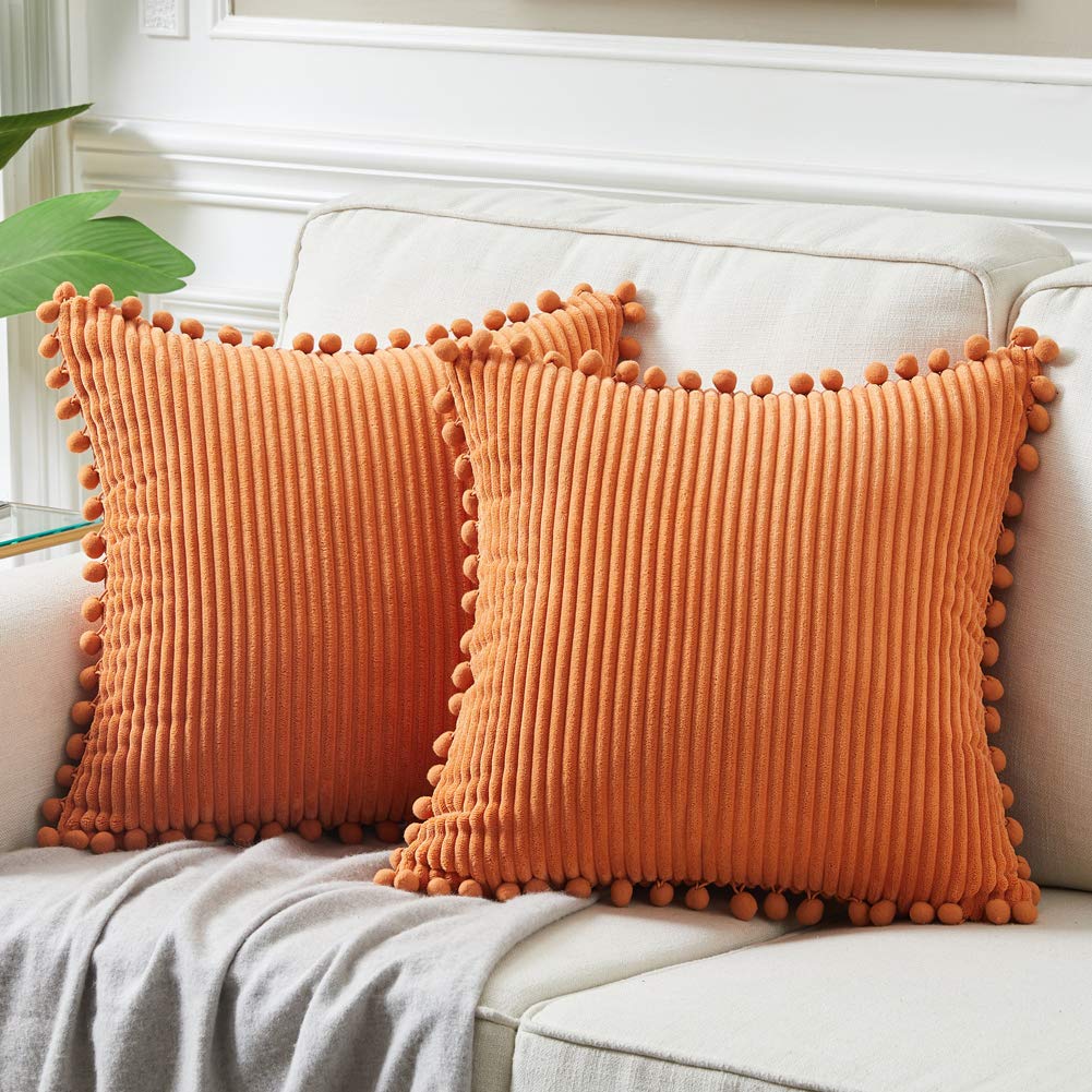 Fancy Homi 2 Packs Brunt Orange Decorative Throw Pillow Covers 22X22 Inch With Pom Poms, Fall Home Decor, Soft Corduroy Accent S