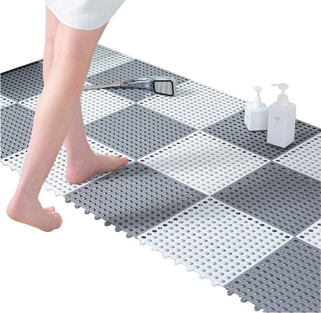 DMDENT Interlocking Soft PVC NonSlip Tiles, White Rubber Floor with Drain Holes, Splicing Bathroom Shower Mat (Pack of 18)