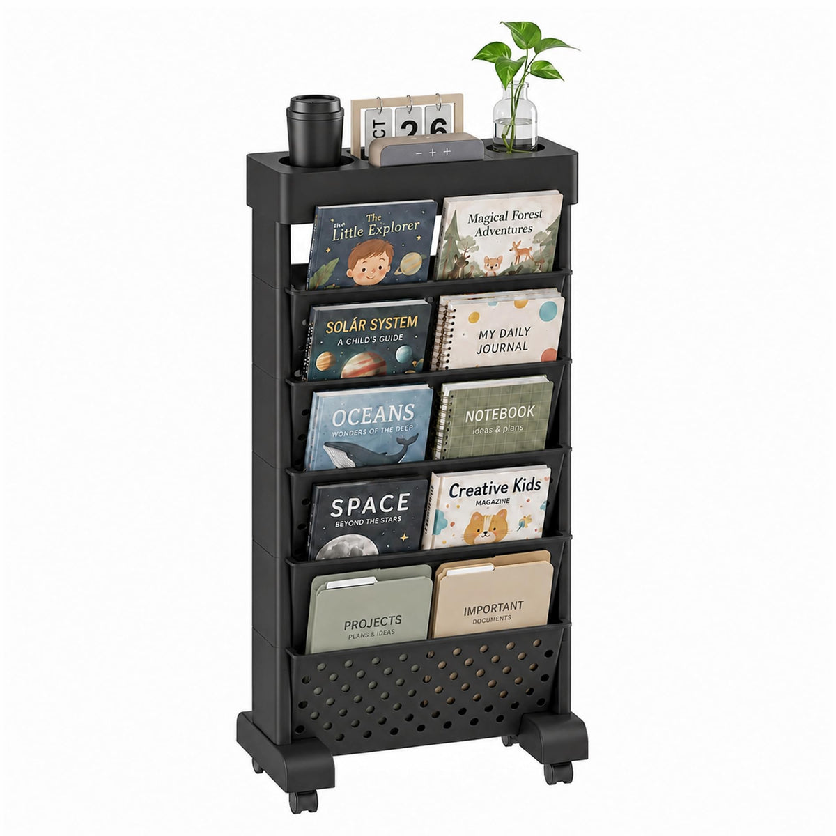 POBOMULI 6Tier Rolling Book Cart, Black, for Study Room & Office