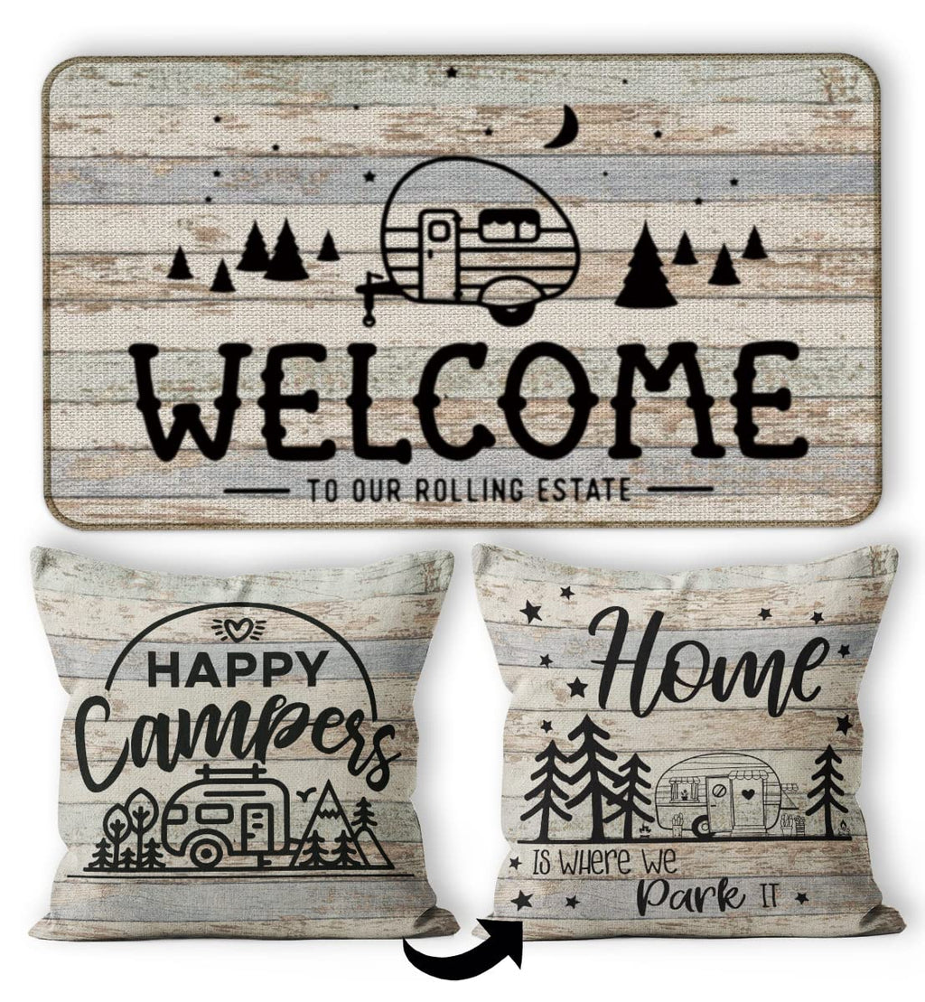 Camping Doormat Pillow Cover Set - 30'X 17' Camping Door Mat, 18   X 18    Camper Pillows Cover, Rv Door Mat, Rv Decorations F