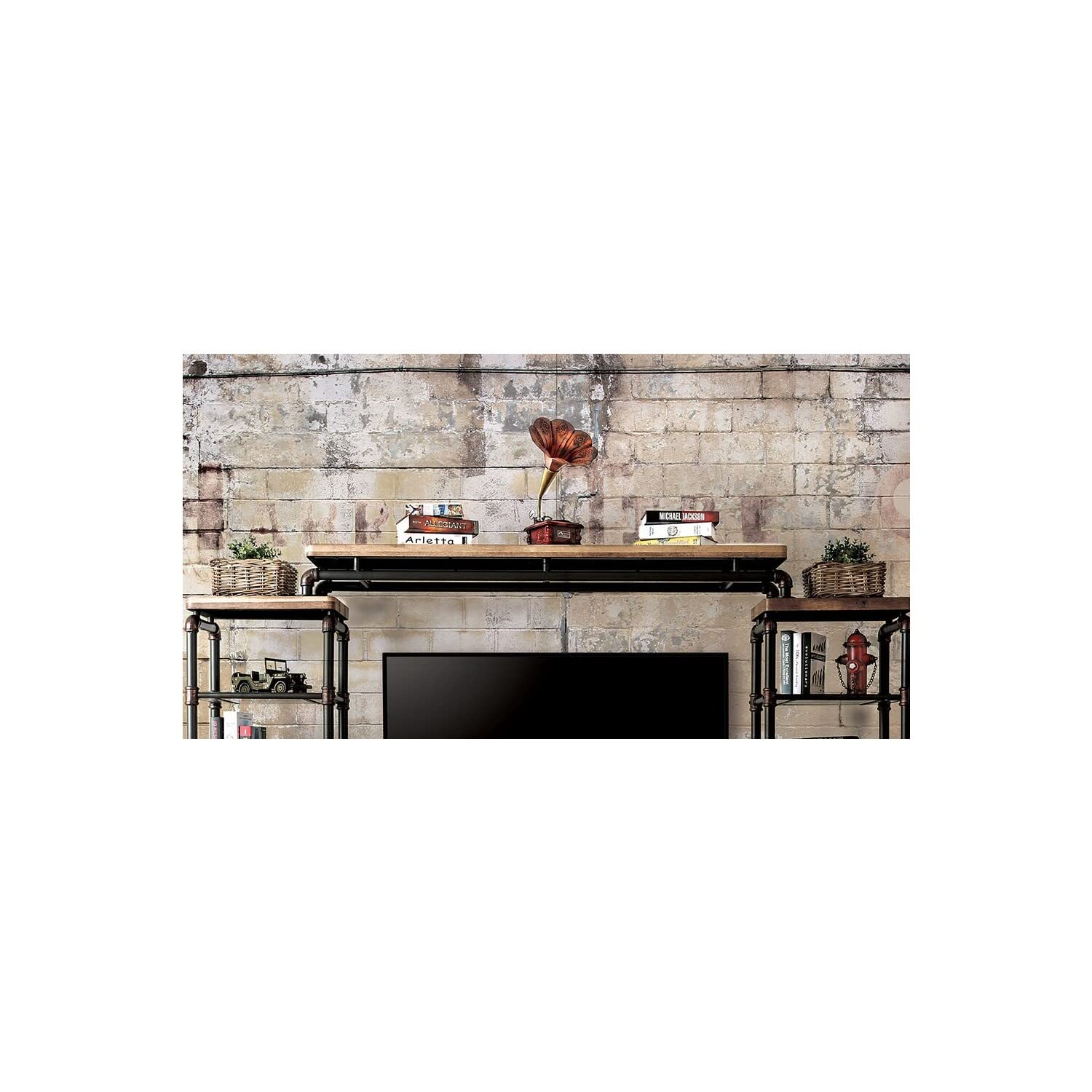 Benjara Entertainment Center Kebbyll Industrial Bridge, Natural Tone, Antique Black