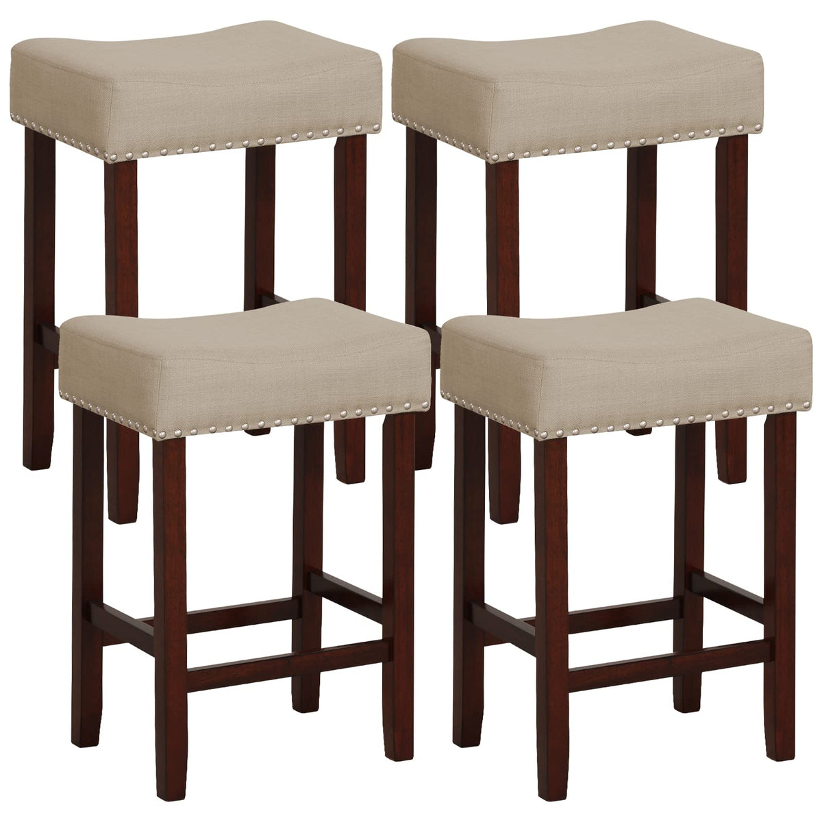 Giantex 25' Counter Height Bar Stools Set Of 4 - Backless Saddle Barstools With Nailhead Linen Foam Seat, Max Load 330 Lbs Wood Bar Stools With Foot Rest For Kitchen Island, Khaki