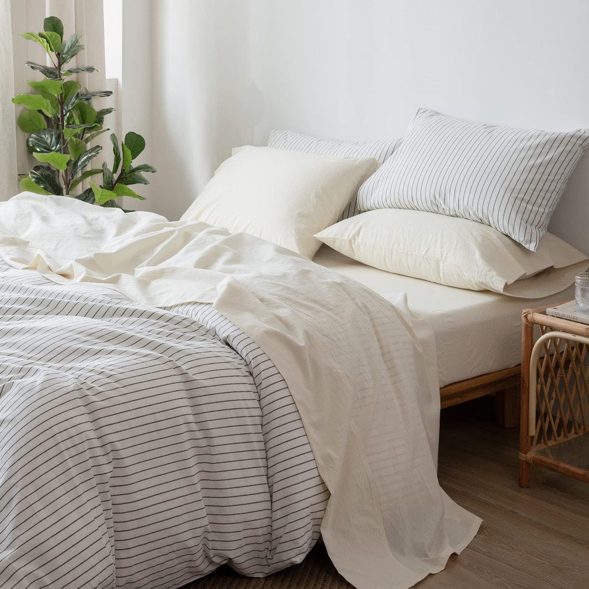 Moomee Bedding Sheet Set 100% Washed Cotton Linen Like Textured Breathable Durable Soft Comfy (Cream White, Queen)