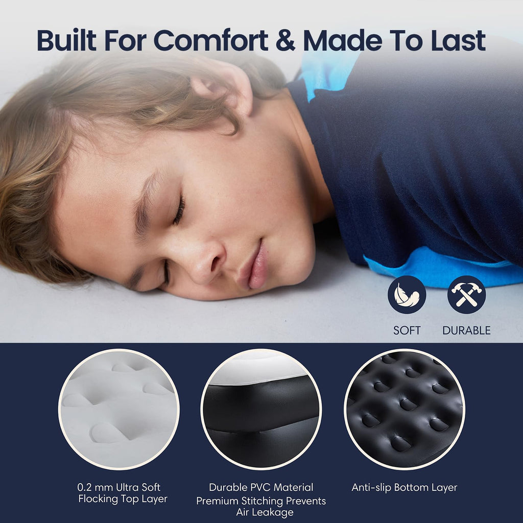 OhGeni Twin Air Mattress with Built-in Pump, 18in Tall Black Inflatable Bed for Camping, Portable & Foldable Airbed with Carrying Bag