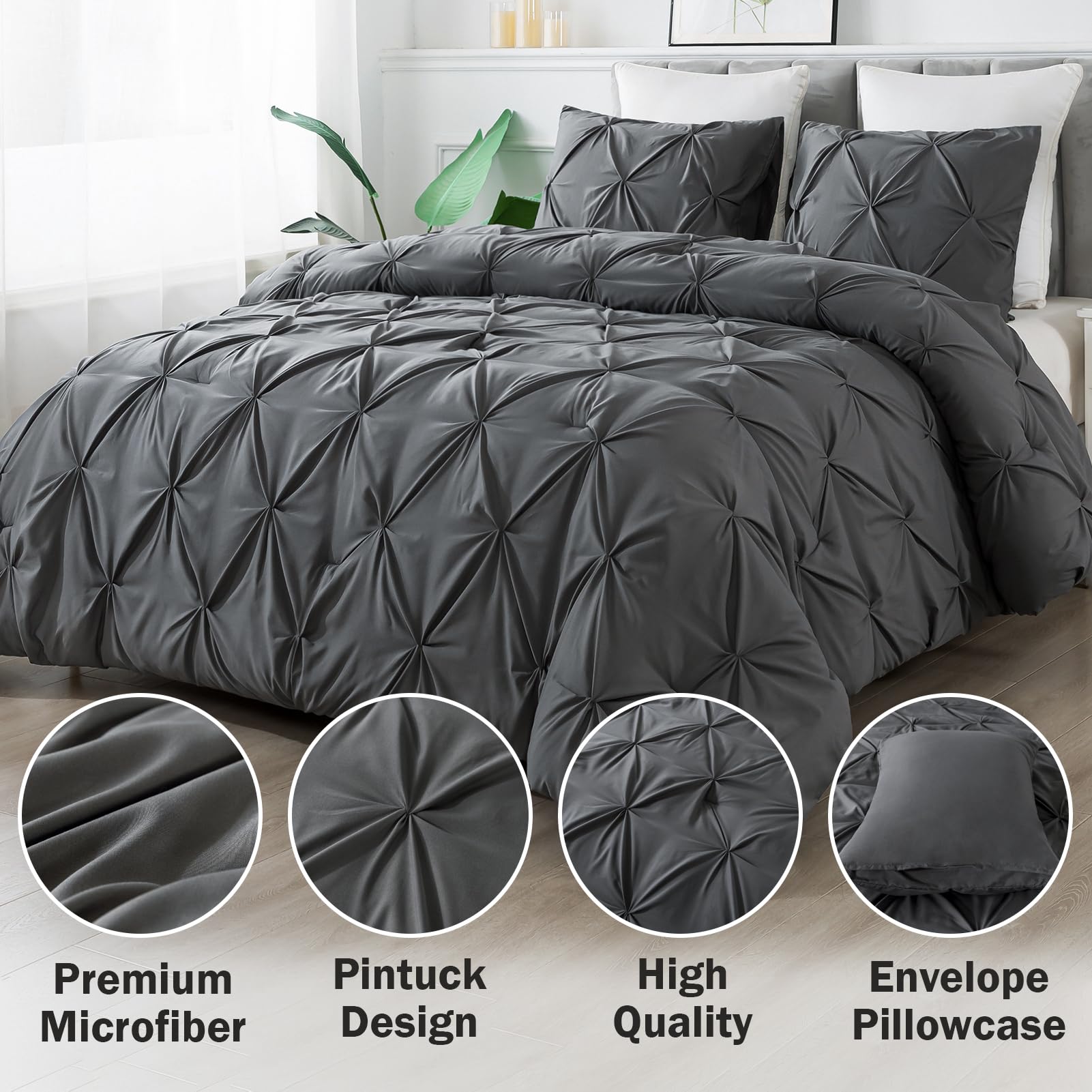 Andency California King Comforter Set Dark Gray (104X96Inch), Pinch Pleat Cal King Comforter Set 3 Pieces, Oversized King Pintuck Bed Comforter, Microfiber Down Alternative Comforter Bedding Set
