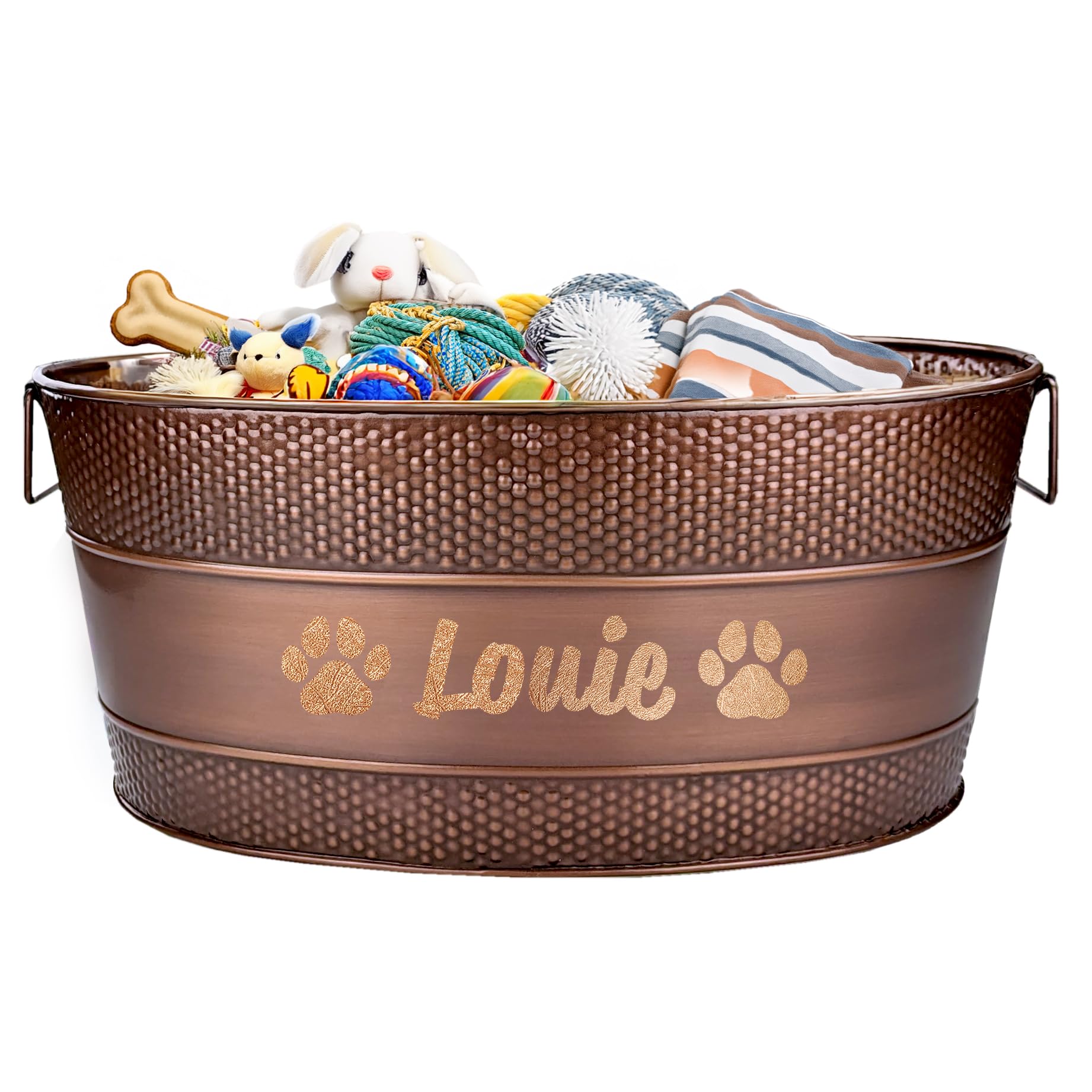 Personalized Metal Dog Toy Bin - Copper Galvanized Storage Bin with Handles, Basket for Pet Toys, Dog Toy Box, Pet Storage - Cus