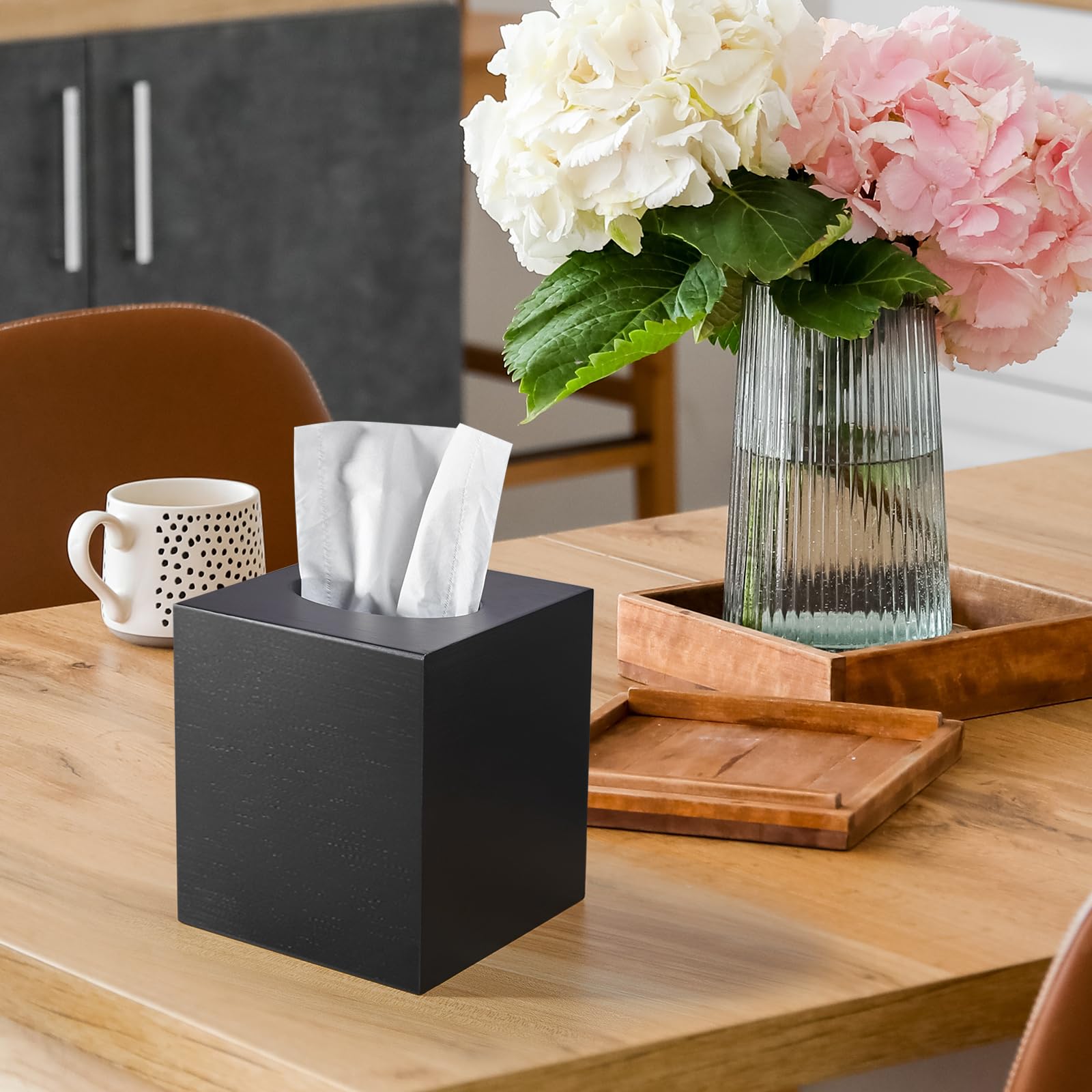 Alelion Black Tissue Box Cover Square - Thick Wooden Tissue Box Holder For Tabletop Night Stands Bathroom Office - Decorative Fa