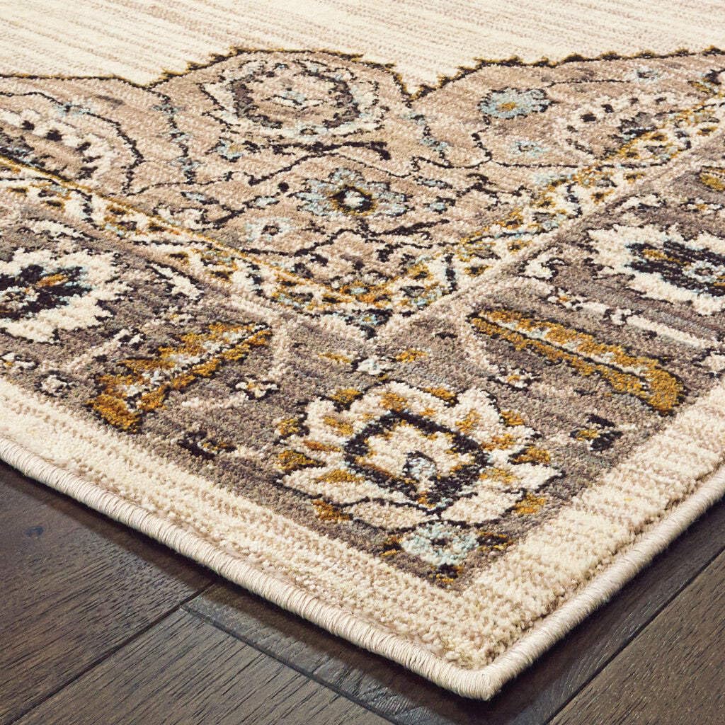 HomeRoots 510787 10 x 13 ft. Ivory Gold Gray & Blue Oriental Power Loom Stain Resistant Rectangle Area Rug