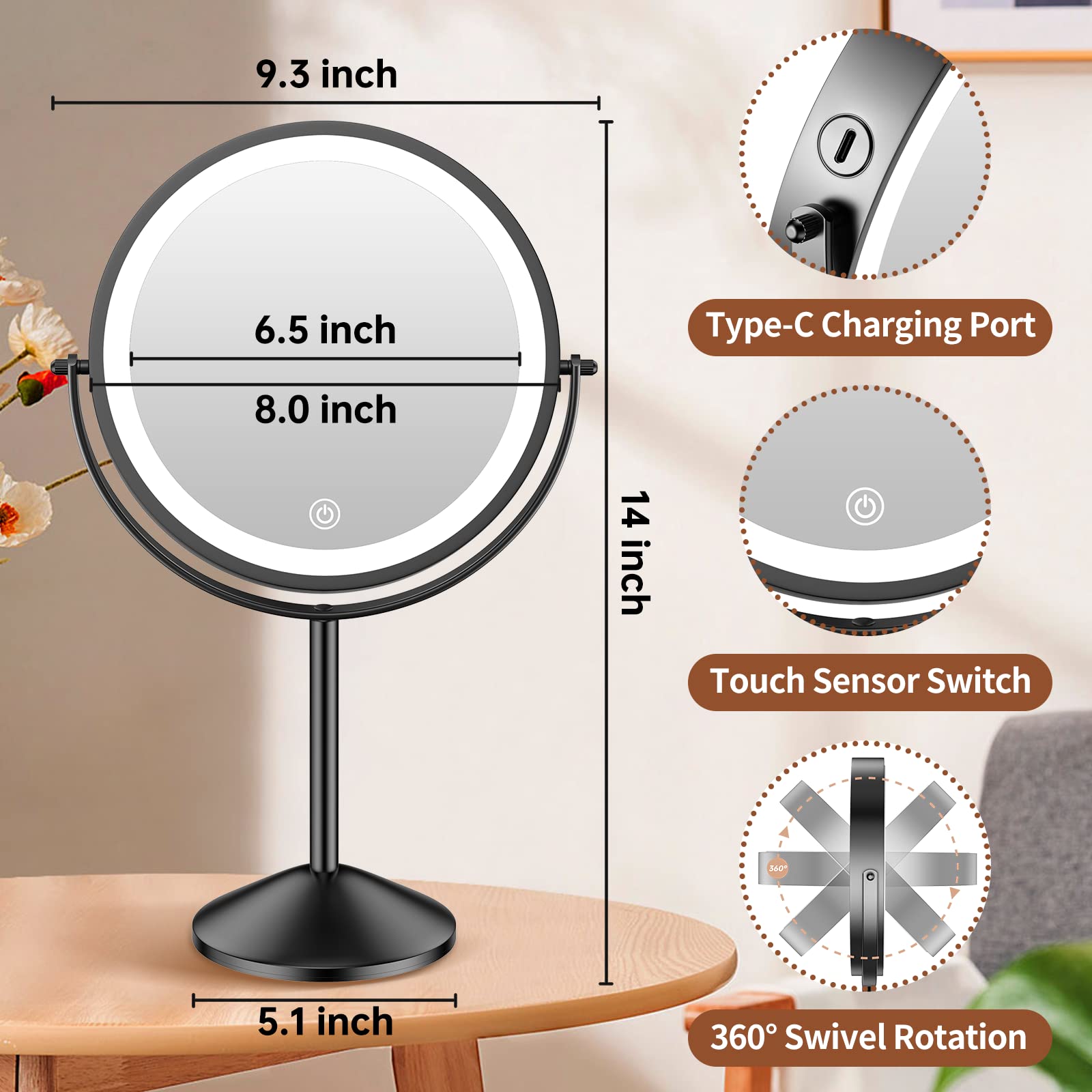 Benbilry 8' Lighted Makeup Vanity Mirror With 3 Color Dimmable Lights, 1X/10X Magnifying Rechargeable Double Sided Cosmetic Mir