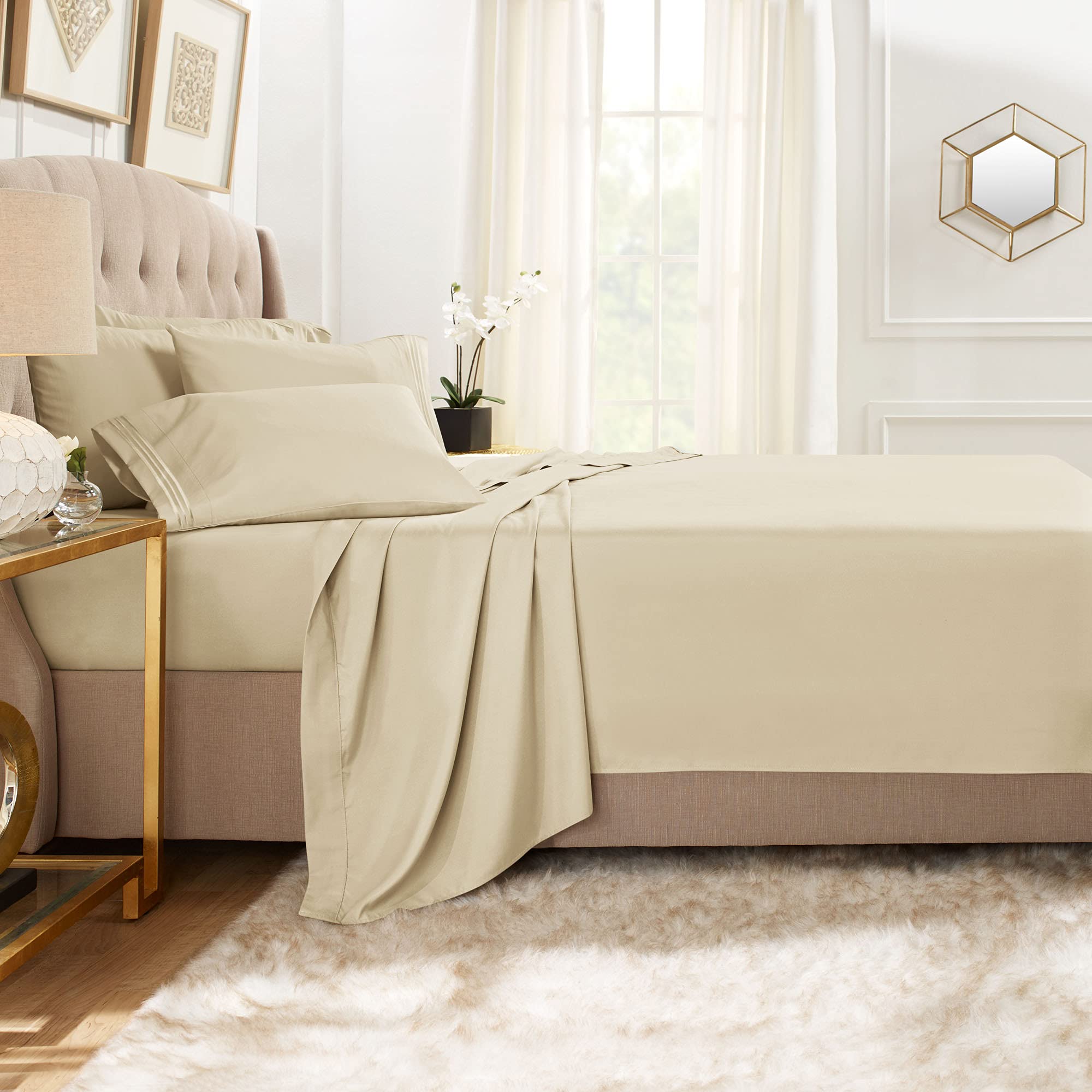 Clara Clark King Sheets, 6 Piece Set - Hotel Luxury Sheets For King Size Bed, Super Soft Bedding Sheets & Pillowcases, King Size Sheets, Beige Cream