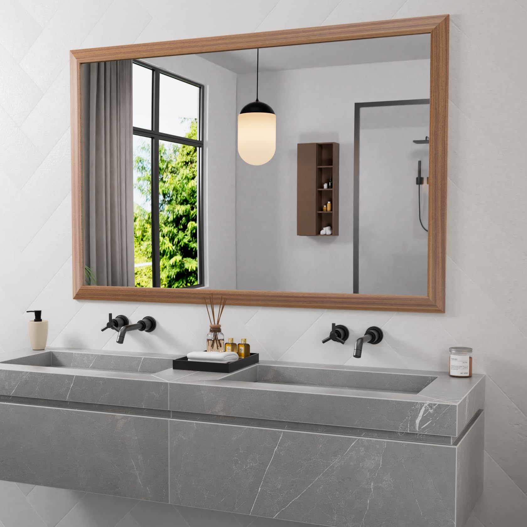 Amorho 60X40 Inch Bathroom Mirror for Wall, Walnut Wood Grain Metal Framed Mirror, HD Reflection, Hang Horizontally/Vertically, 