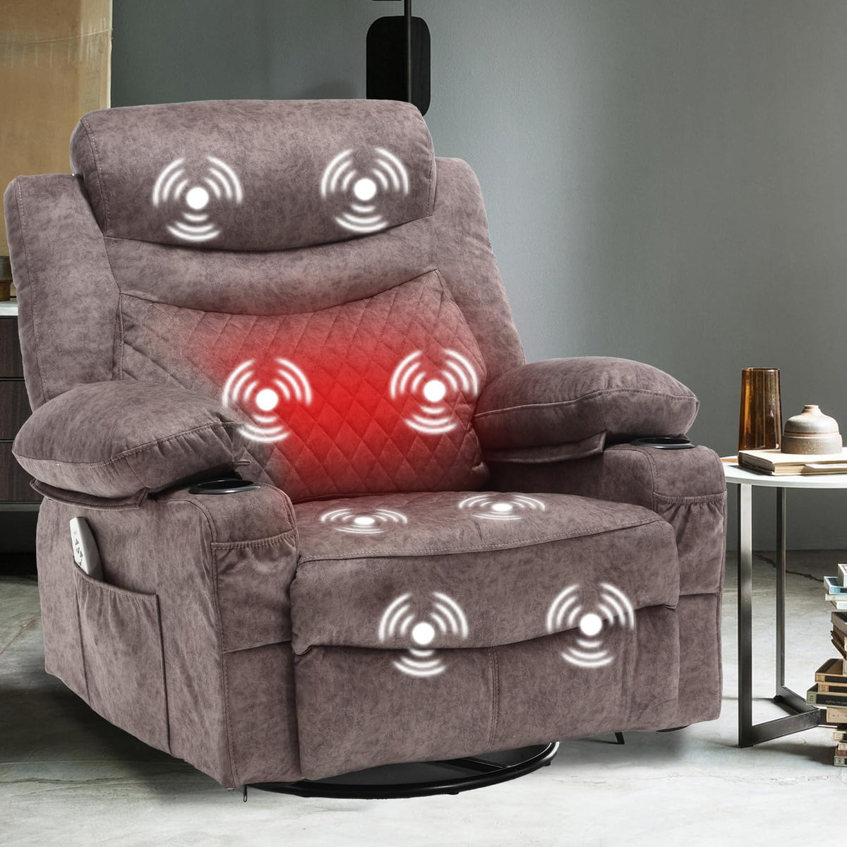Comermax Overstuffed Electric Massage Rocker Recliner Chairs With Heat 270 Swivel Comfortable Padded Fabric Rocking Power Reclin