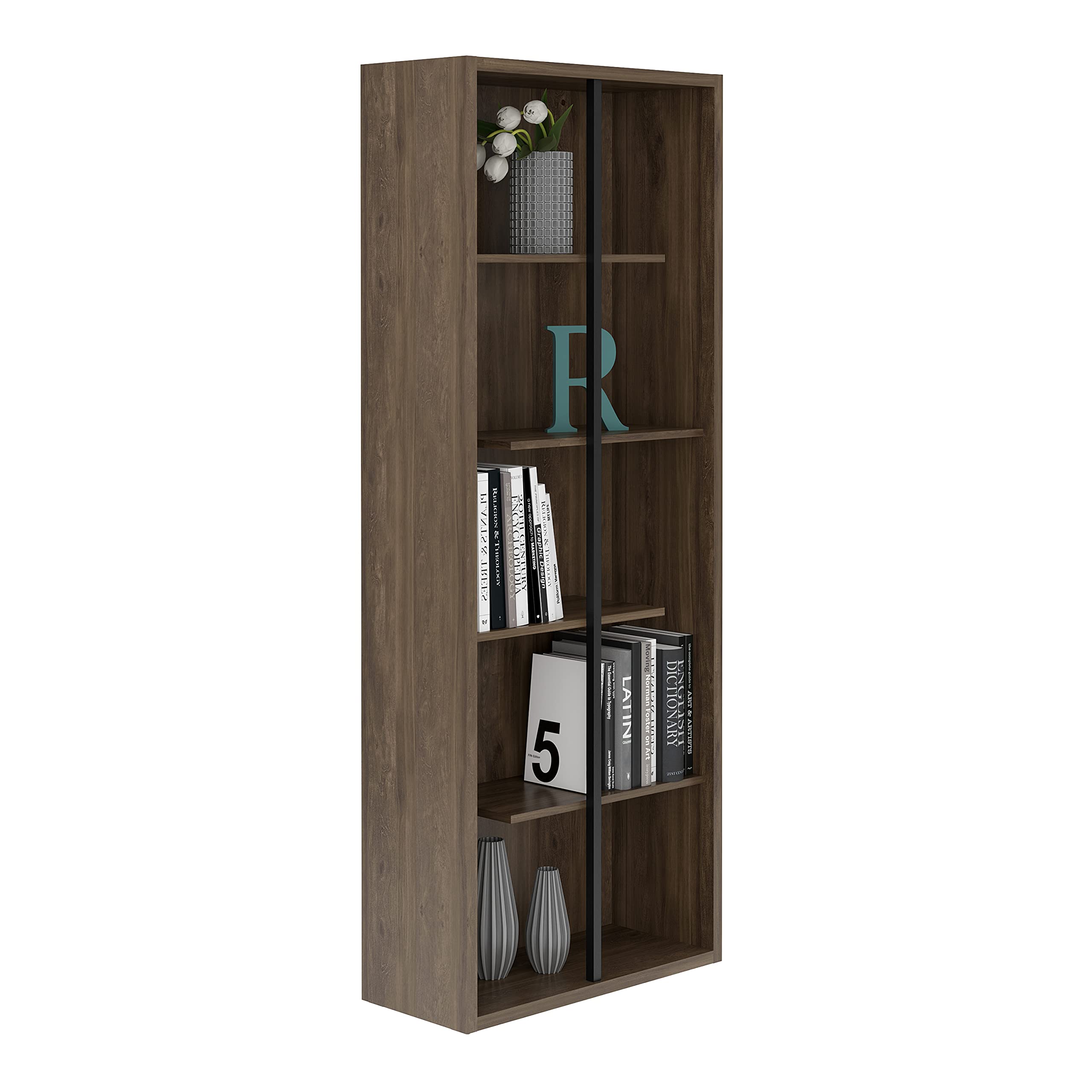 Techni Mobili 5 Shelf Bookcase - Walnut Vertical Standing Wood Bookshelf For Living Room, Bedroom & Home Office - Staggered Bookcase With Asymmetrical Shelves & Heavy Duty Steel Bar Cassa Collection