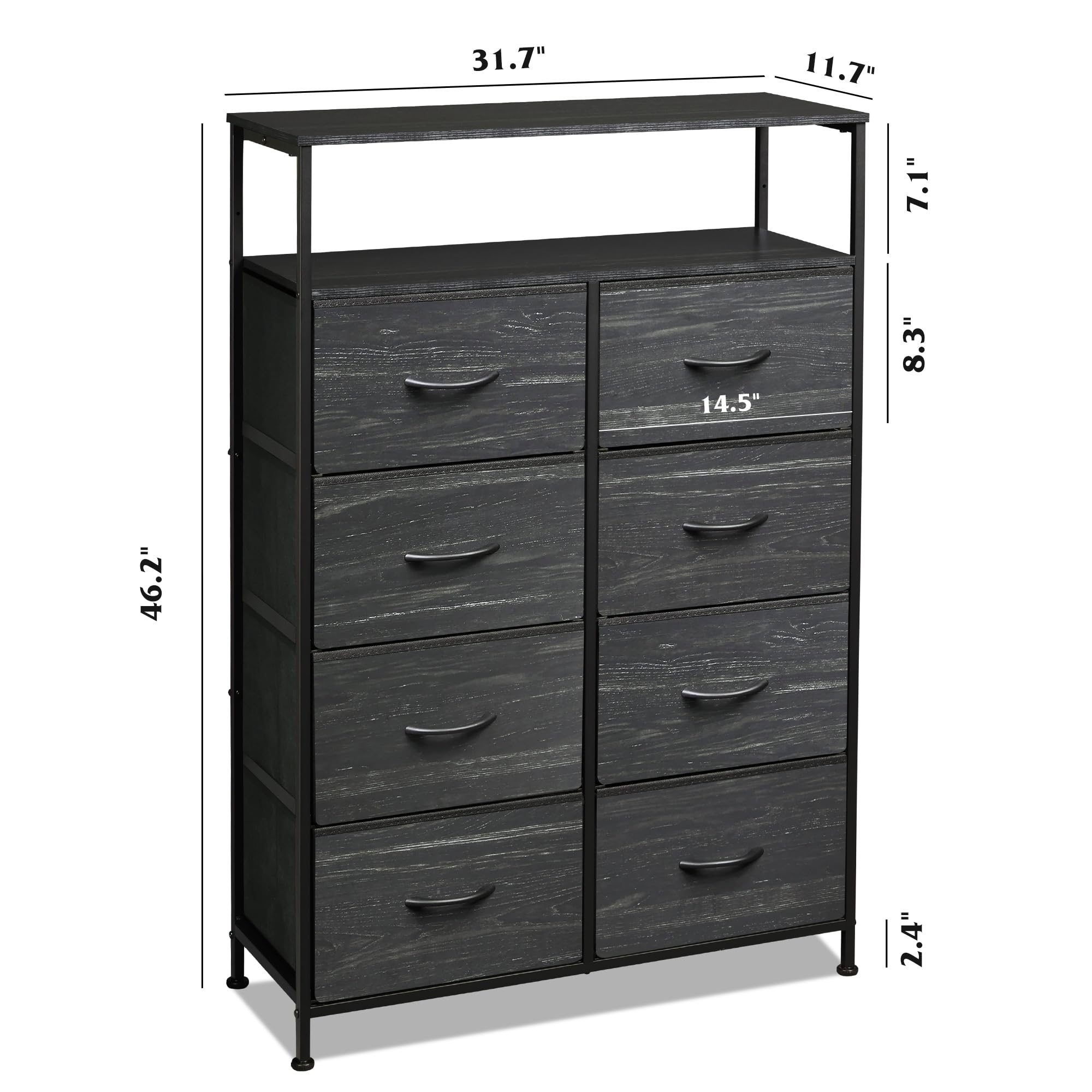 Wlive Fabric Dresser For Bedroom With Open Shelves, Tall Dresser With 8 Drawers, Storage Tower With Fabric Bins, Chest Of Drawers For Closet, Living Room, Hallway, Charcoal Black Wood Grain Print