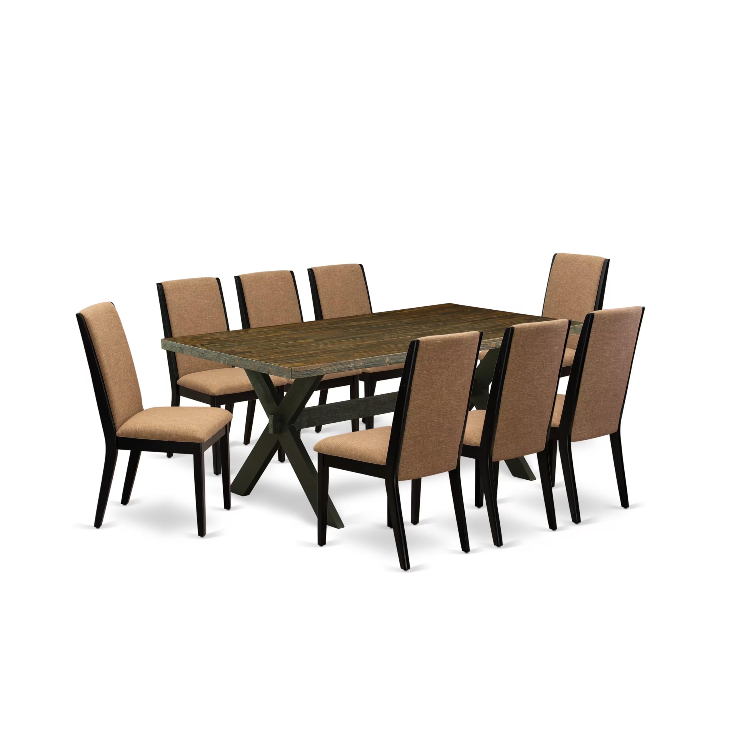 East West Furniture X677La147-9 9 Piece Dining Room Furniture Set Includes A Rectangle Dining Table With X-Legs And 8 Light Sable Linen Fabric Upholstered Chairs, 40X72 Inch, Multi-Color