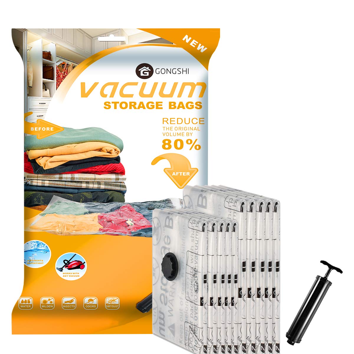 Vacuum Storage Bags (5 x Large, 5 x Medium), Space Saver Sealer Compression Bags with Travel Hand Pump for Blankets, Comforters,
