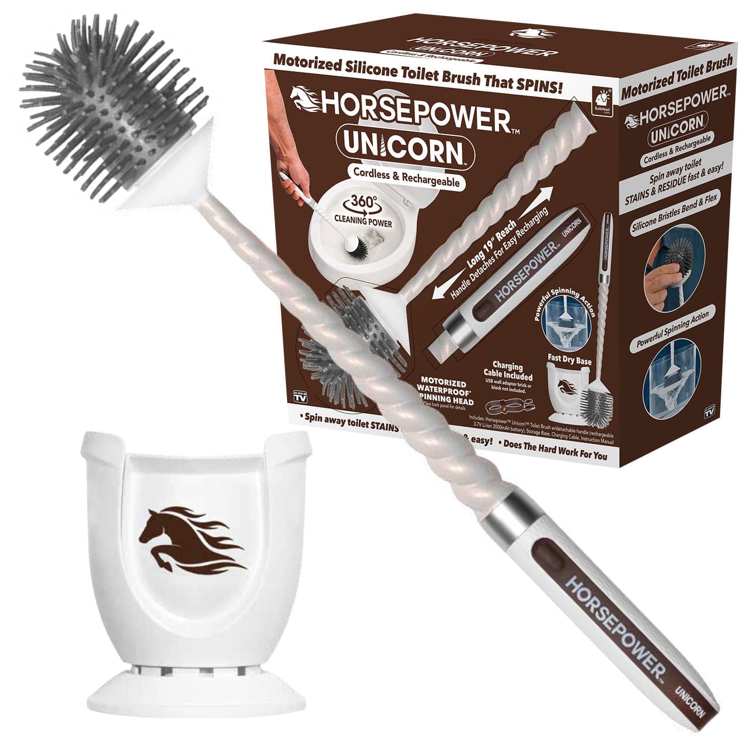 Horsepower Unicorn AS SEEN ON TV, Motorized Toilet Brush, Powerful Spinning Action, 360 Degree Cleaning (Unicorn Original)