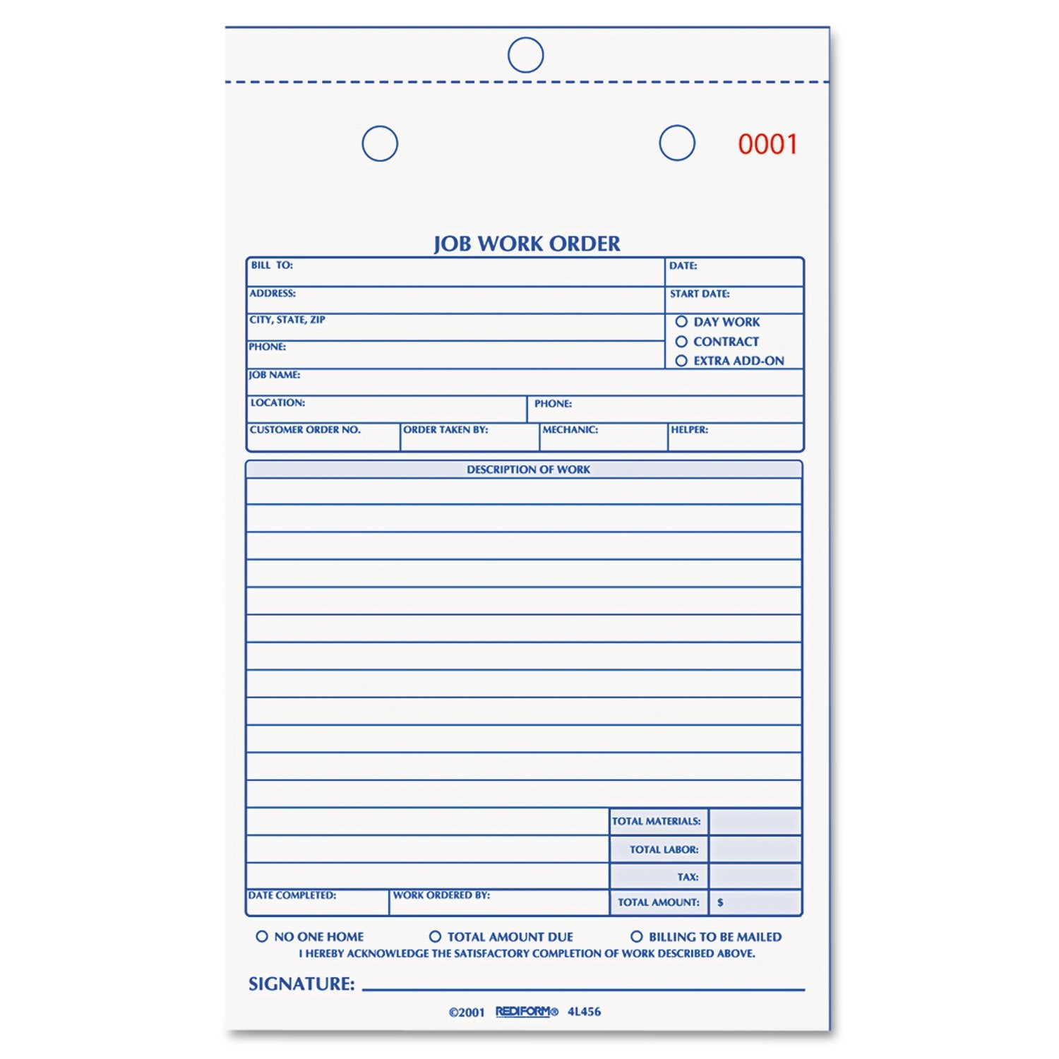 Rediform Job Work Order Book, 5 1/2 X 9 1/8, Two Part, 50/Book