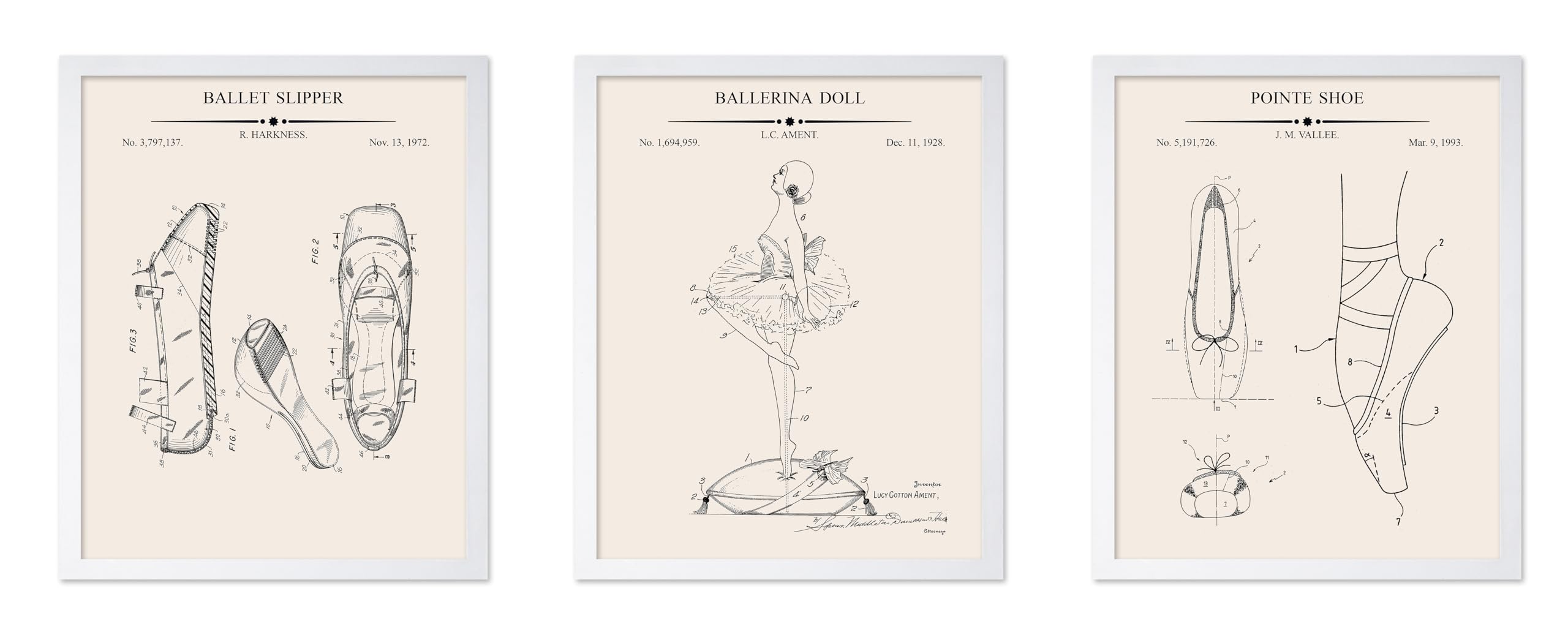 Poster Master 3-Piece Ballet Blueprint Print - Slippers Patent Poster - Ballerina Doll & Pointe Shoe Art - Ballet Dance Wall Des