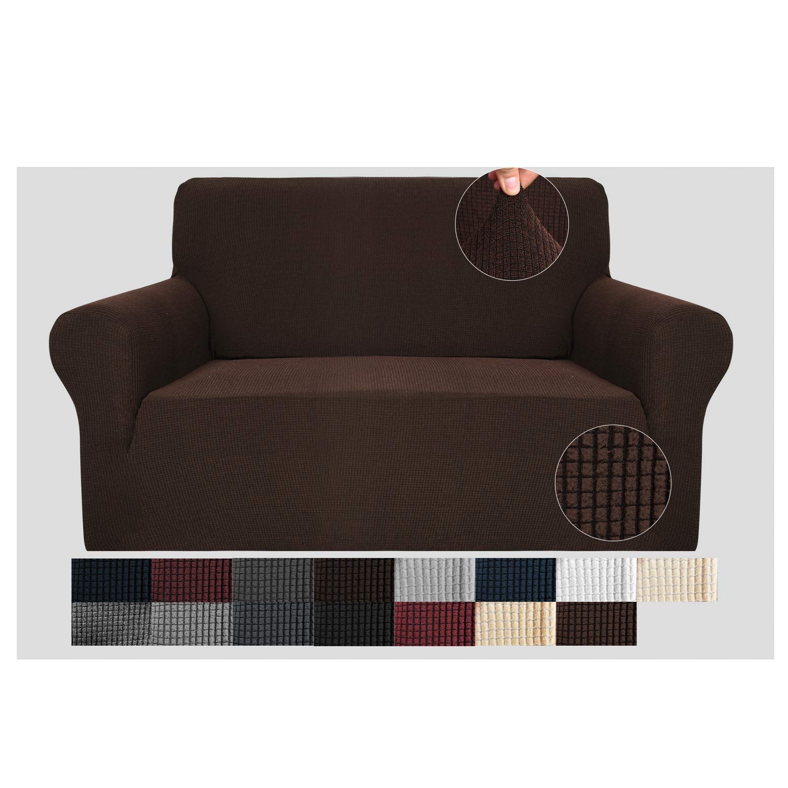 Jiviner High Stretch 1-Piece Jacquard Small Checks Couch Covers For 2 Cushion Couch Anti Slip Love Seat Sofa Covers Loveseat Slipcovers Protector For Kids Pets (Loveseat, Coffee)
