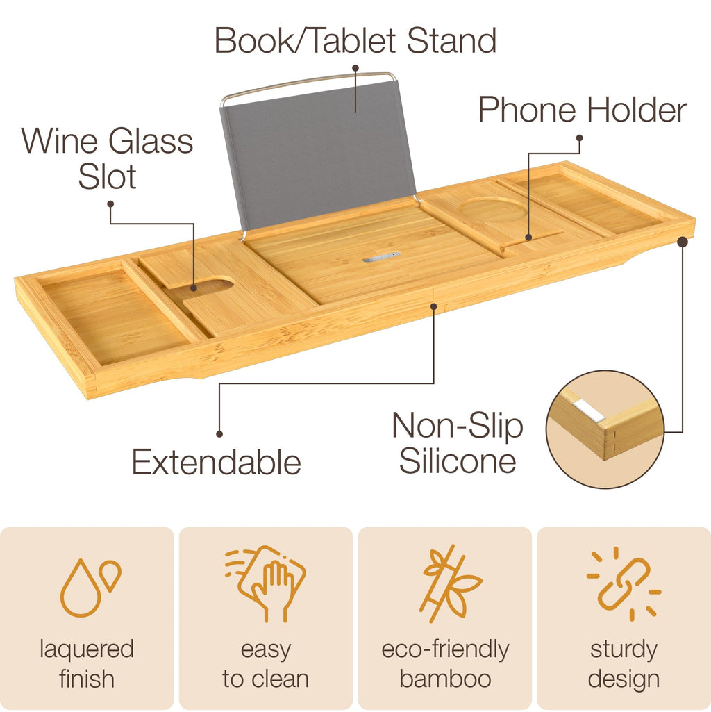 Bamboo Bathtub Tray For Tub - Expandable Bath Tray For Tub With Wine, Book & Tablet Holder - Luxurious Bath Accessories, Bath Ta
