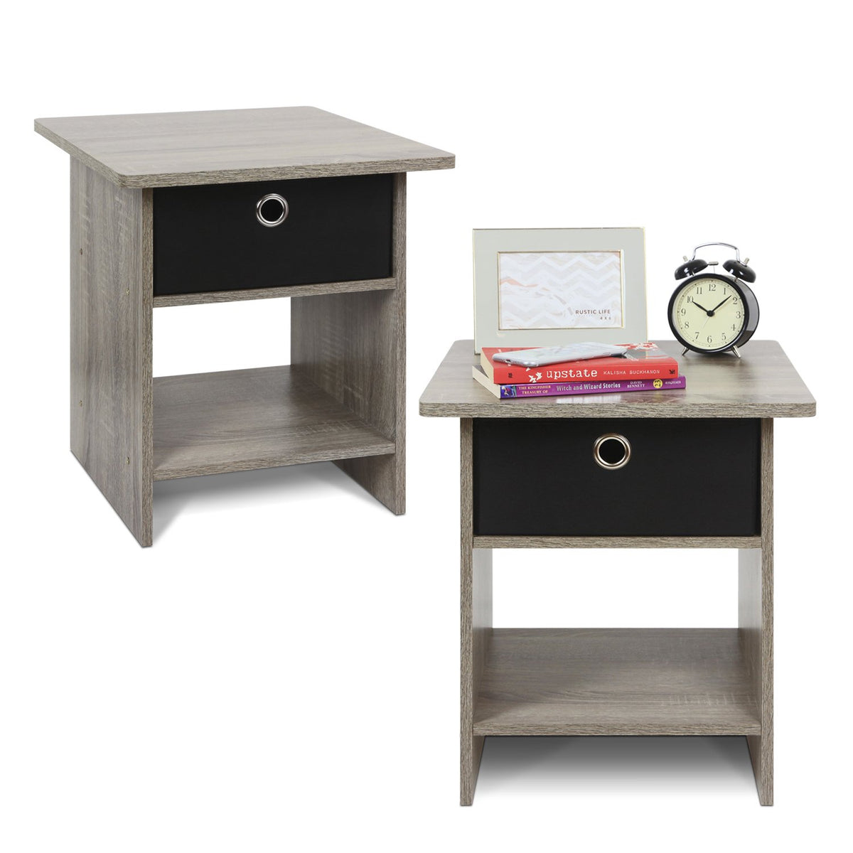 Furinno Dario End Table / Side Table / Night Stand / Bedside Table With Bin Drawer, 2-Pack, French Oak Grey/Black