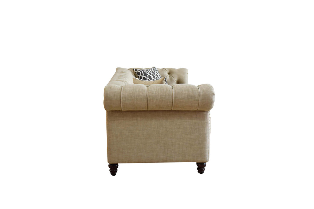 Acme Aurelia Nailhead Trim Tufted Sofa with 2 Pillows in Beige Linen
