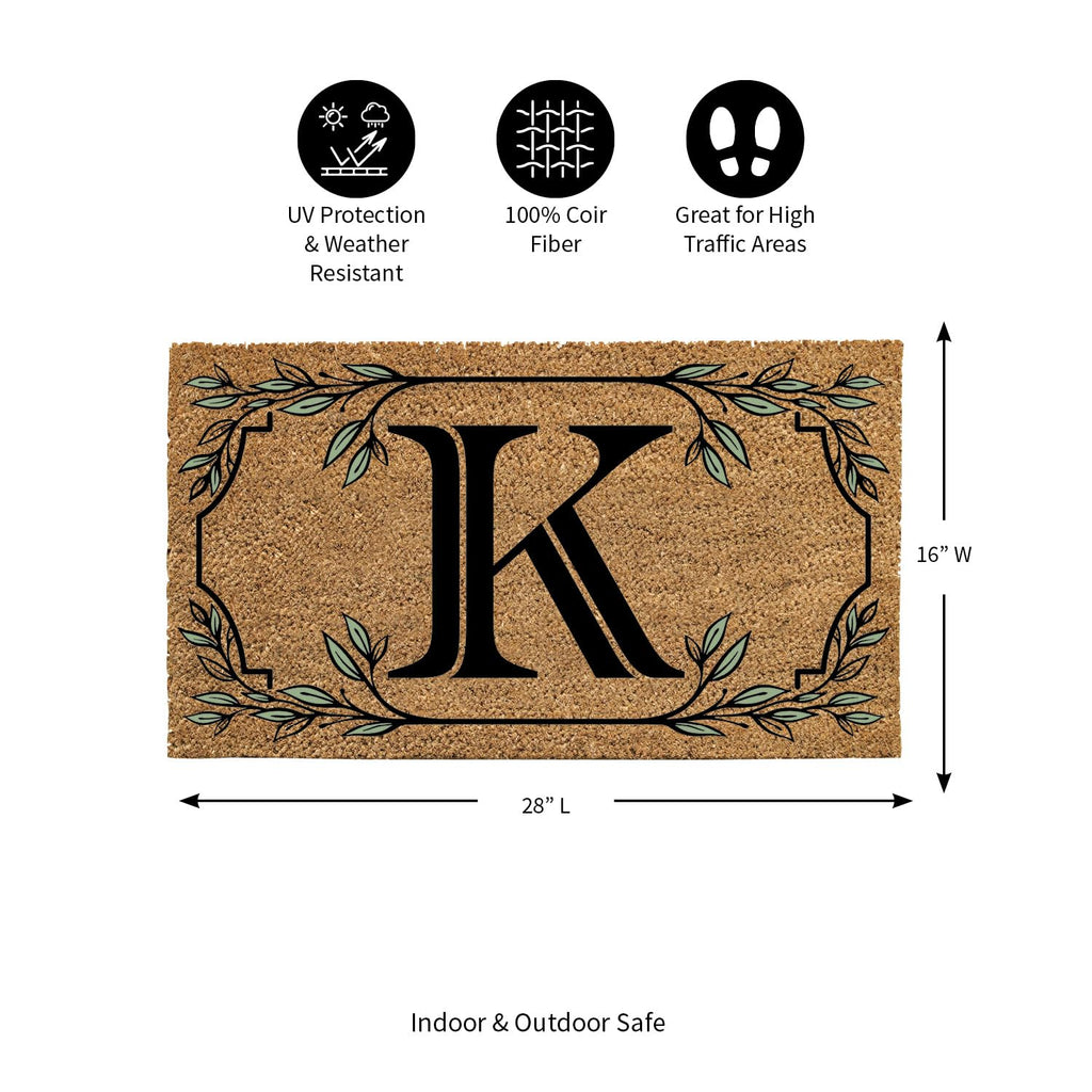 Evergreen Monogram Coir Doormat | Letter K | Front Door Mat For Outdoor Indoor Entrance | 28X16 Inches | Non-Slip Backing Doorwa