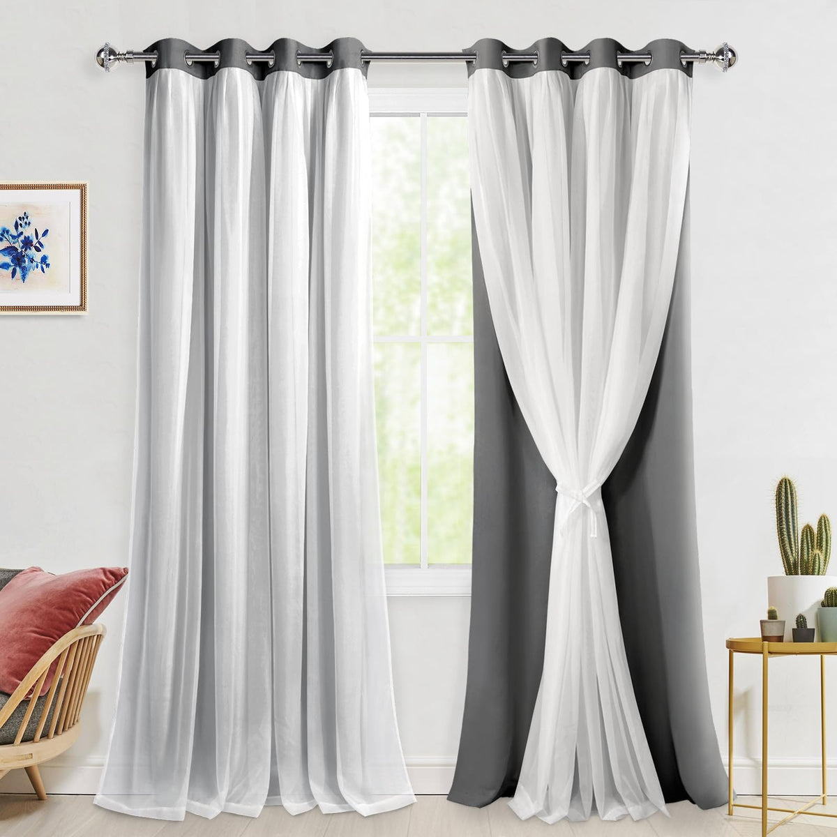 Hiasan Grey Blackout Curtains With Sheer Overlay, Mix & Match Double Layer Thermal Insulated Privacy Grommet Window Curtains For