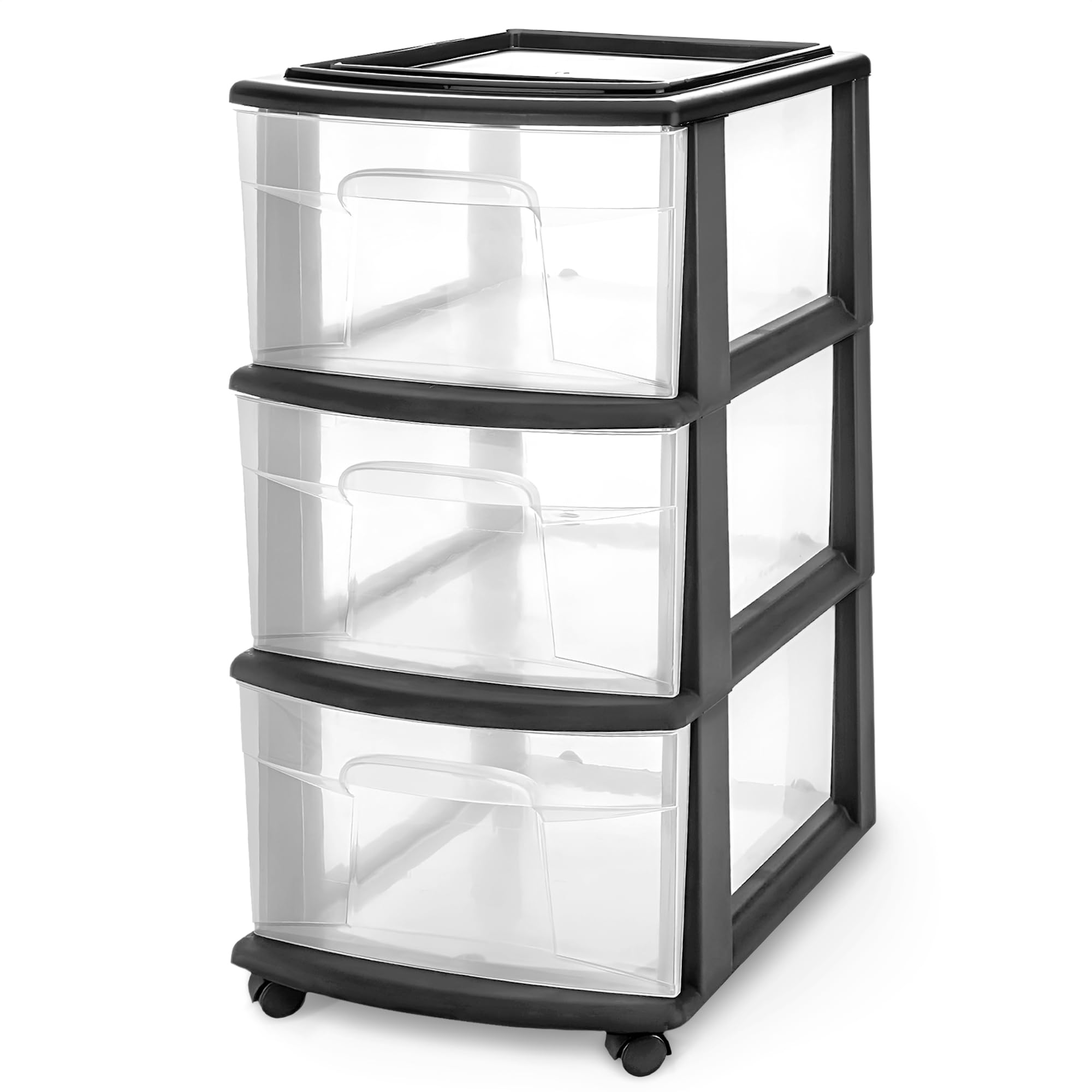 HOMZ Drawer Tower, 3-Tier Clear Plastic Storage Organizer Cart, Black Frame - Organizing Containers with Wheels for Home, Bathro