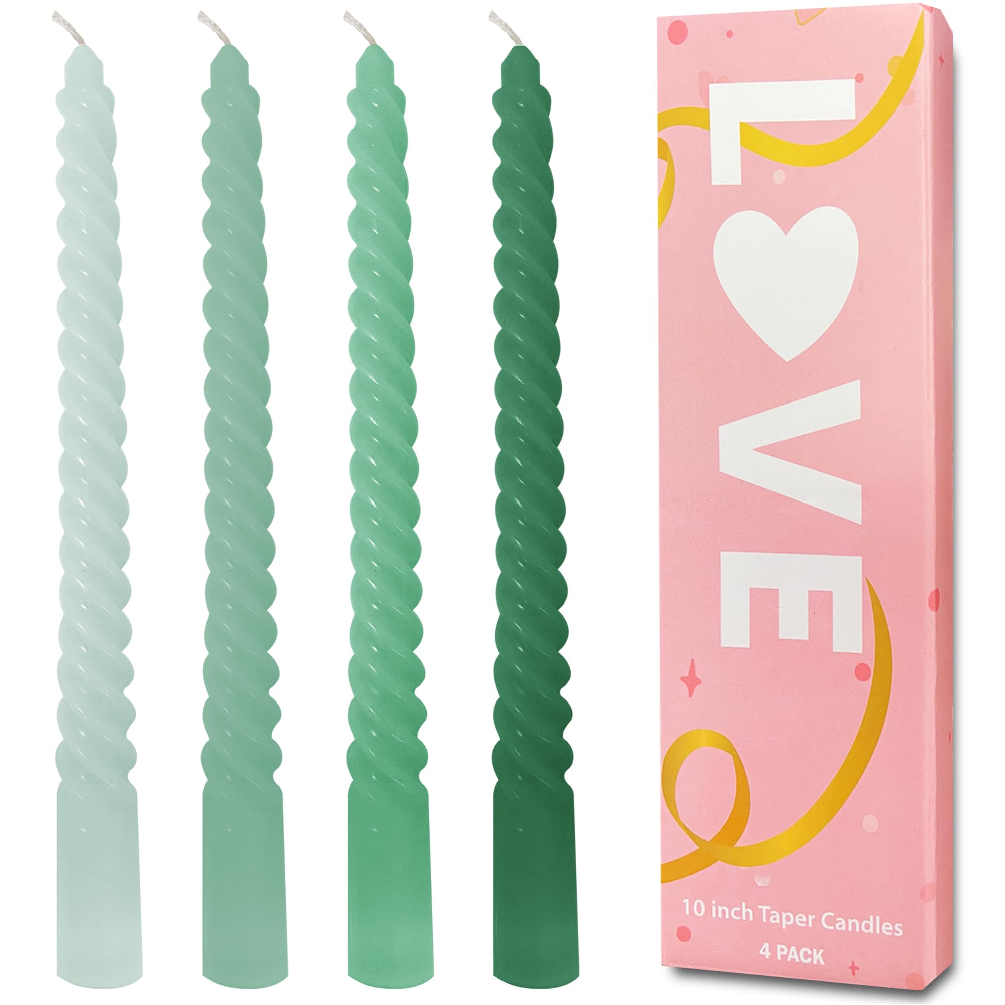 Topsics Chirstmas Green Taper Candles, 4 Pack Green Spiral Twisted Taper Candles, Unscented Taper Candlesticks 10 inch, Candles 