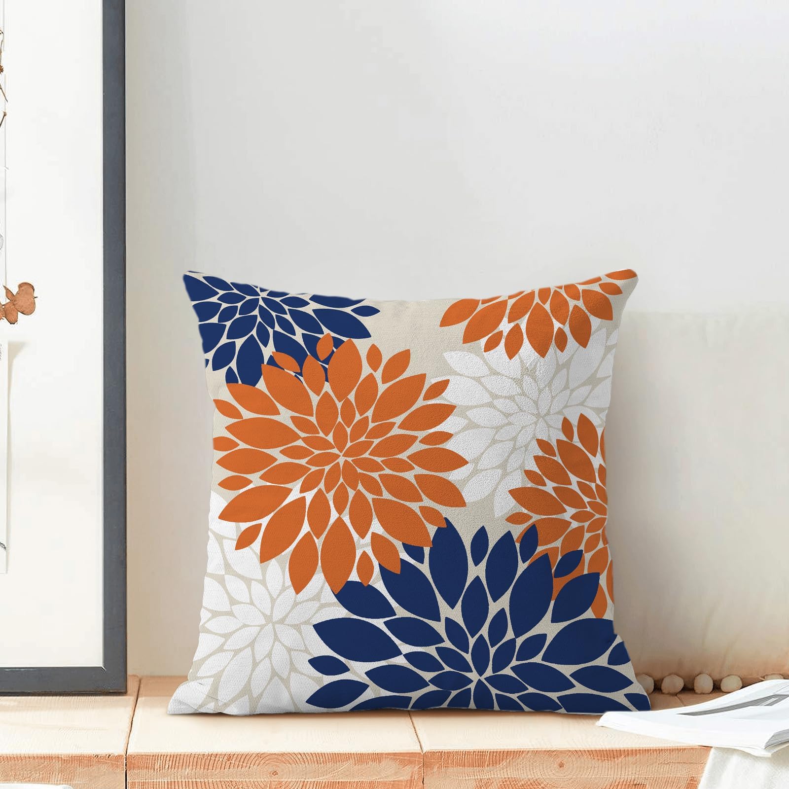 Fall Decor Pillow Covers 20X20 Inch Set Of 2 Burnt Orange Navy Blue White Dahlia Floral Decor Throw Pillows Modern Geometry Flow