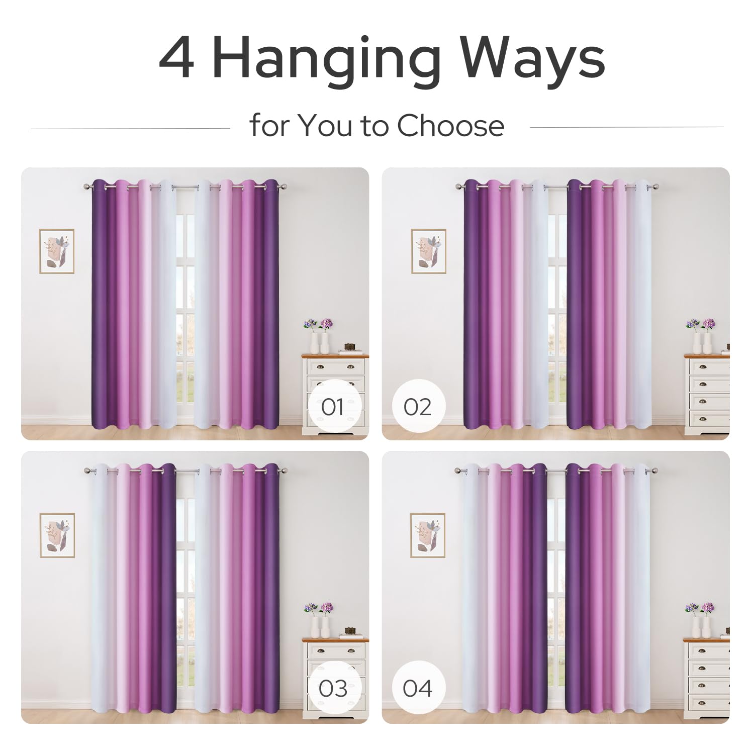 Homeideas Purple Ombre Blackout Curtains, 52 X 96 Inch Length Gradient Color Room Darkening Curtains With Grommet Thermal Insulated Window Curtains & Drapes For Living Room, Bedroom, 2 Panels