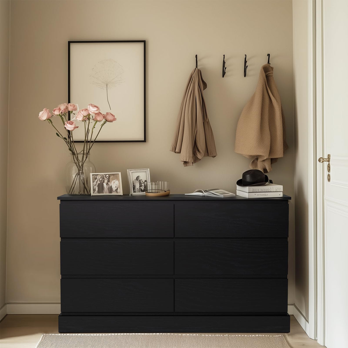 Alaxgumrol Black Dresser For Bedroom, Modern 6 Drawer Dresser, Freestanding Wood Dressers, Wide Chest Of Drawers Dressers, Tv St