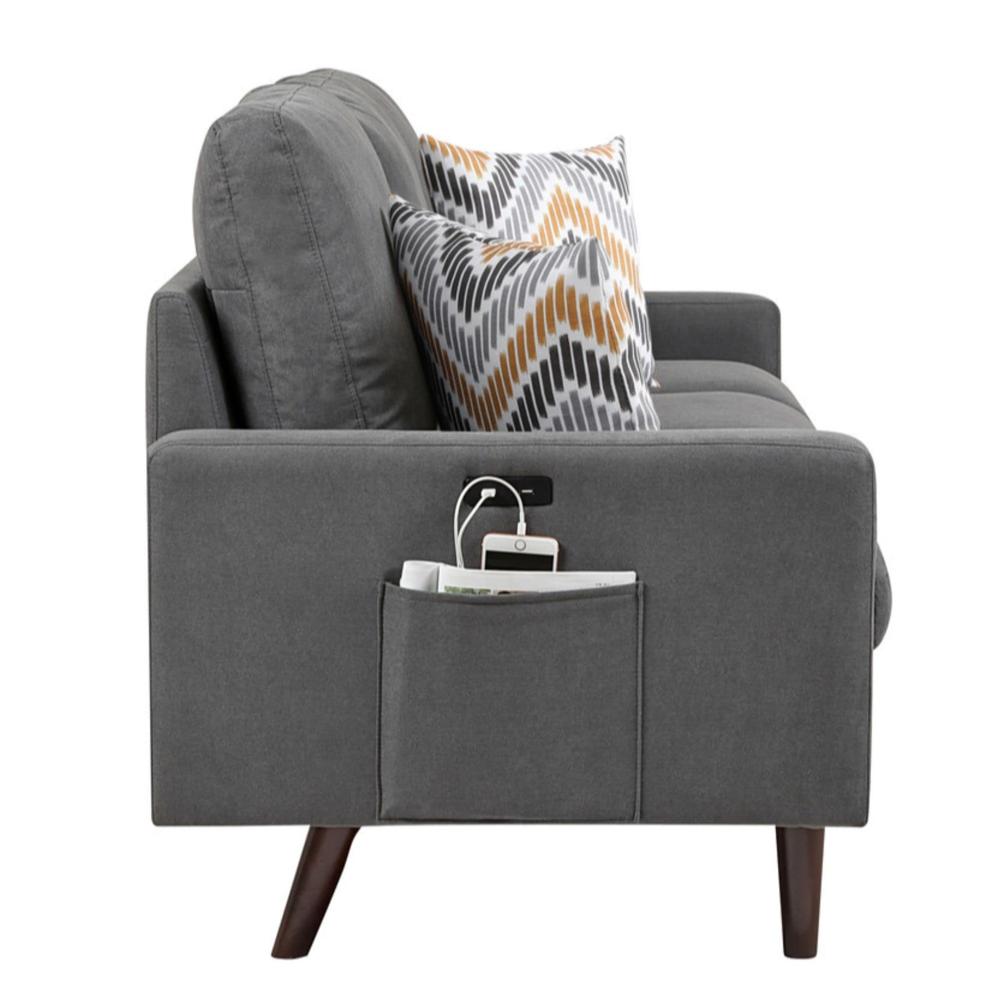 Lilola Home Abella Mid-Century Modern Dark Gray Woven Fabric Sofa Couch with USB Charging Ports & Pillows