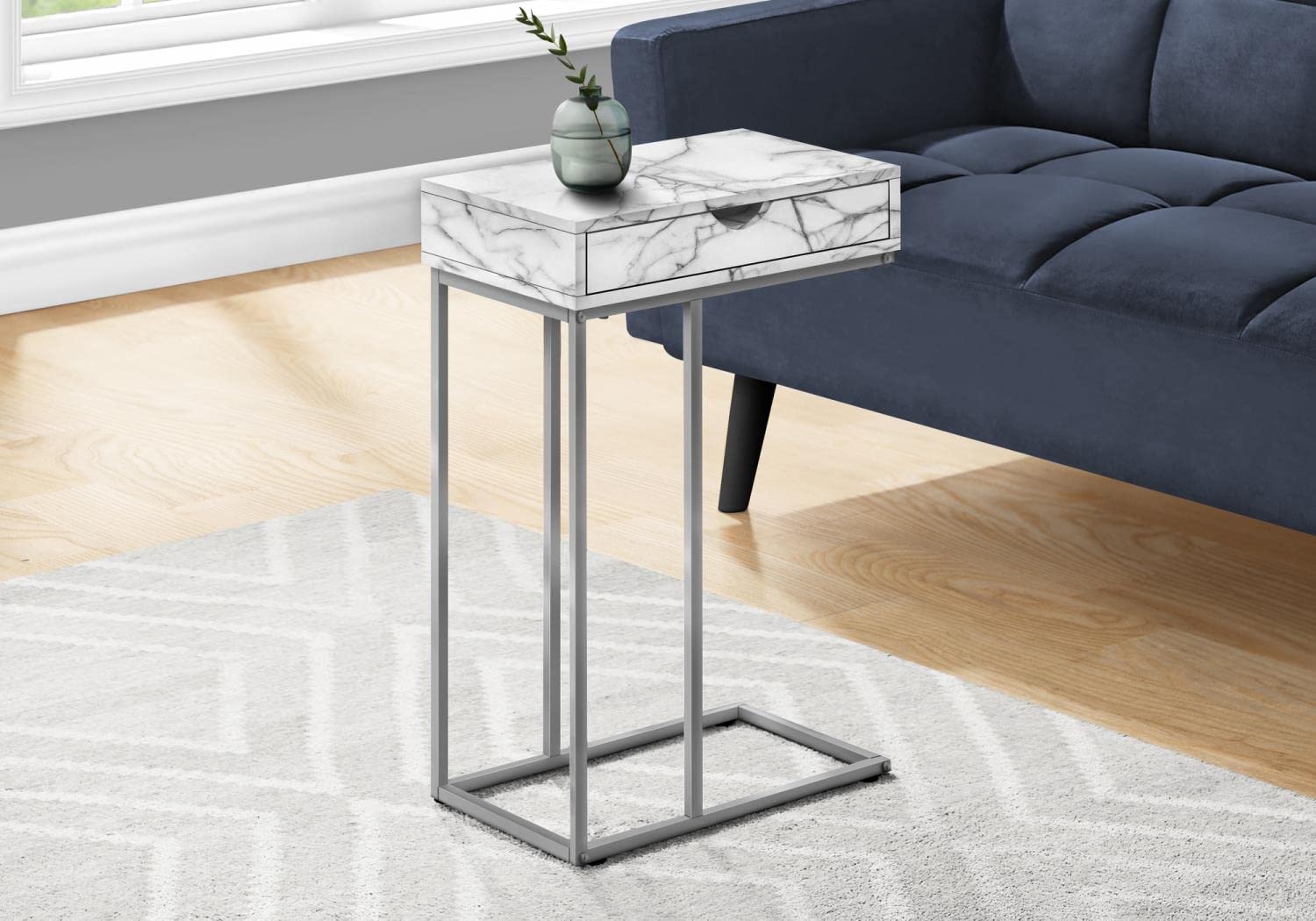 Monarch Specialties I 3772 Accent Table, C-Shaped, End, Side, Snack, Storage Drawer, Living Room, Bedroom, Metal, Laminate, White Marble Look, Grey