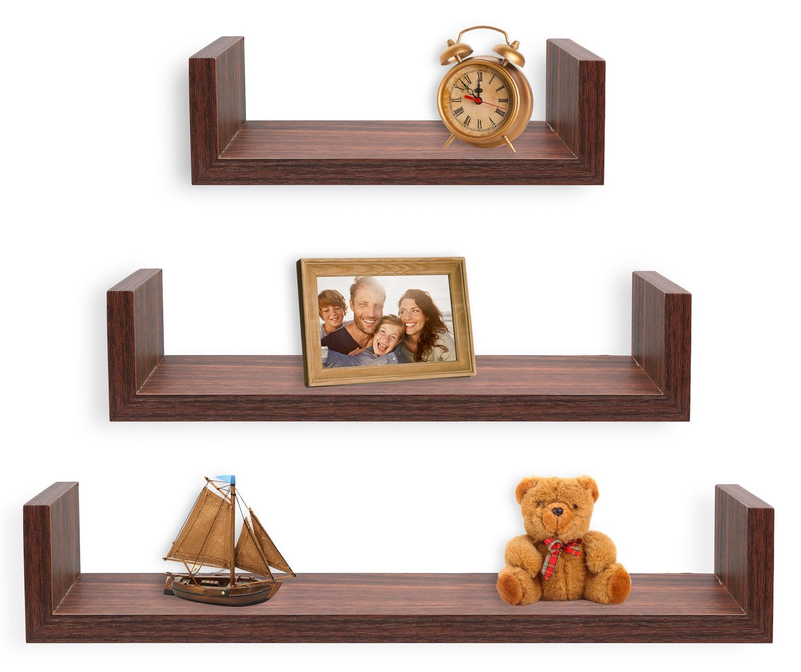 Greenco Set of 3 Floating U    Shelves, Easy-to-Assemble Floating Wall Mount Shelves for Bedrooms and Living Rooms, Walnut Finis