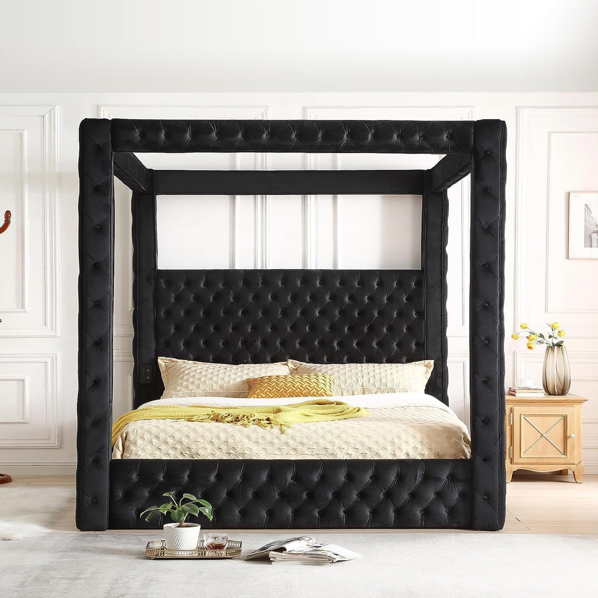 Woodpecker'S Inc Luxurious Velvet Canopy King Bed With Speaker And Usb Connection In Black