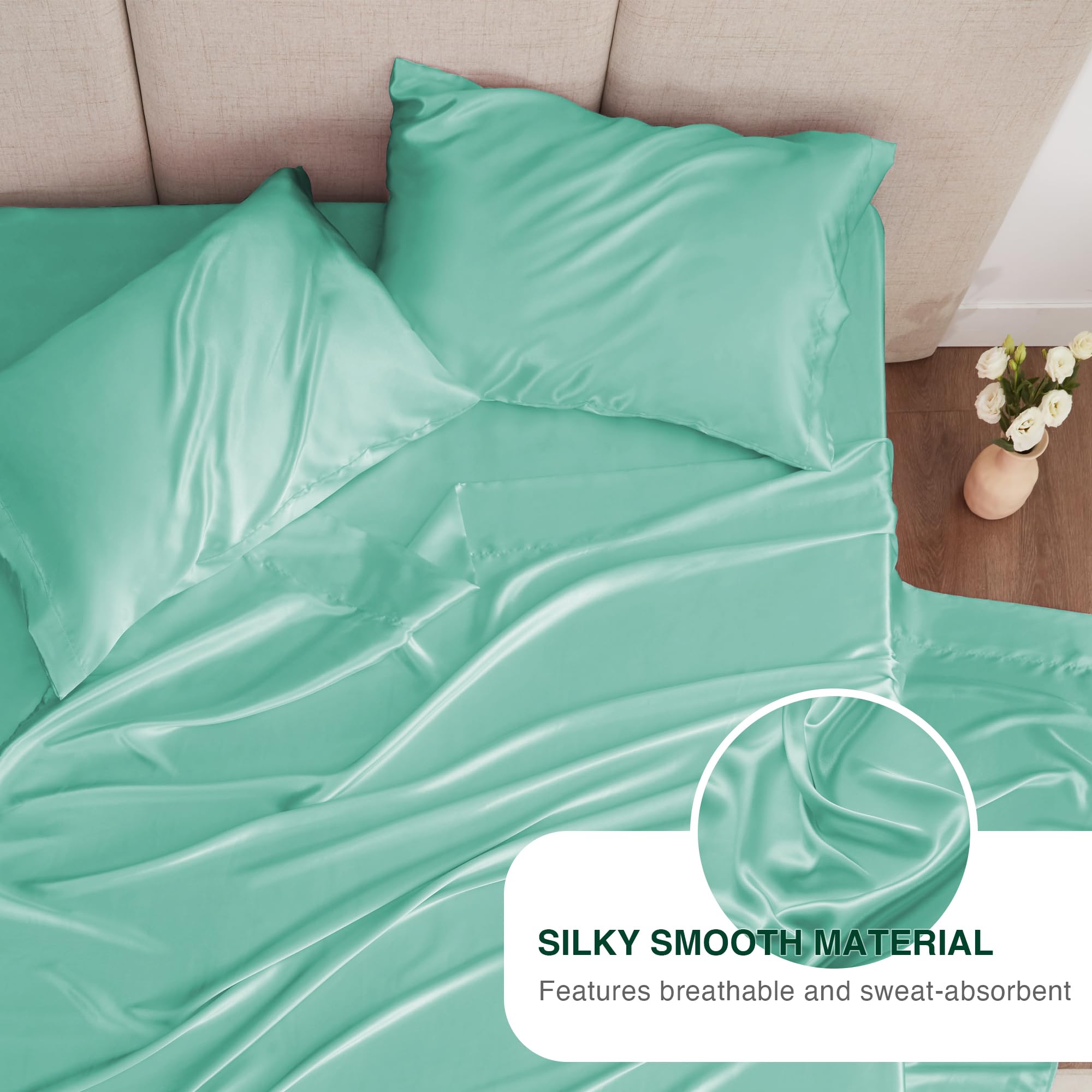 Love'S Cabin Twin Satin Sheets Sets - 3 Piece Aqua Silky Satin Bed Sheets Twin With Deep Pockets, Luxury Silk Feel Satin Twin Size Sheet Set Bedding Set (1 Flat Sheet,1 Fitted Sheet,1 Pillow Case)