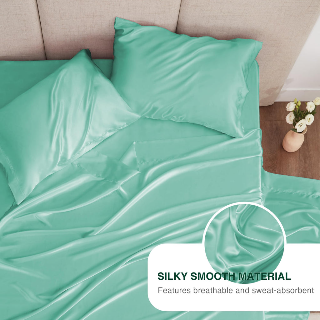 Love'S Cabin Satin Queen Sheets Set - 4 Piece Aqua Silky Satin Bed Sheets Queen Set With Deep Pocket, Luxury Silk Feel Satin Queen Size Sheet Set (1 Flat Sheet,1 Fitted Sheet,2 Pillow Cases)