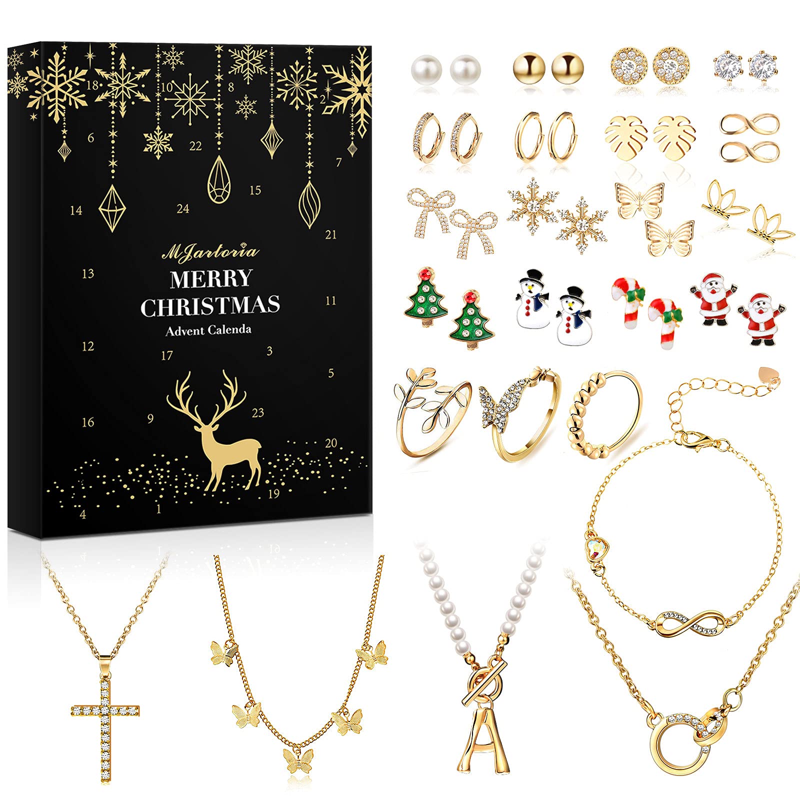 MJartoria Advent Calendar 2024 for Women- Trendy Gold Jewelry 24 Days Christmas Countdown Advent Calendar Gold Necklaces Bracele