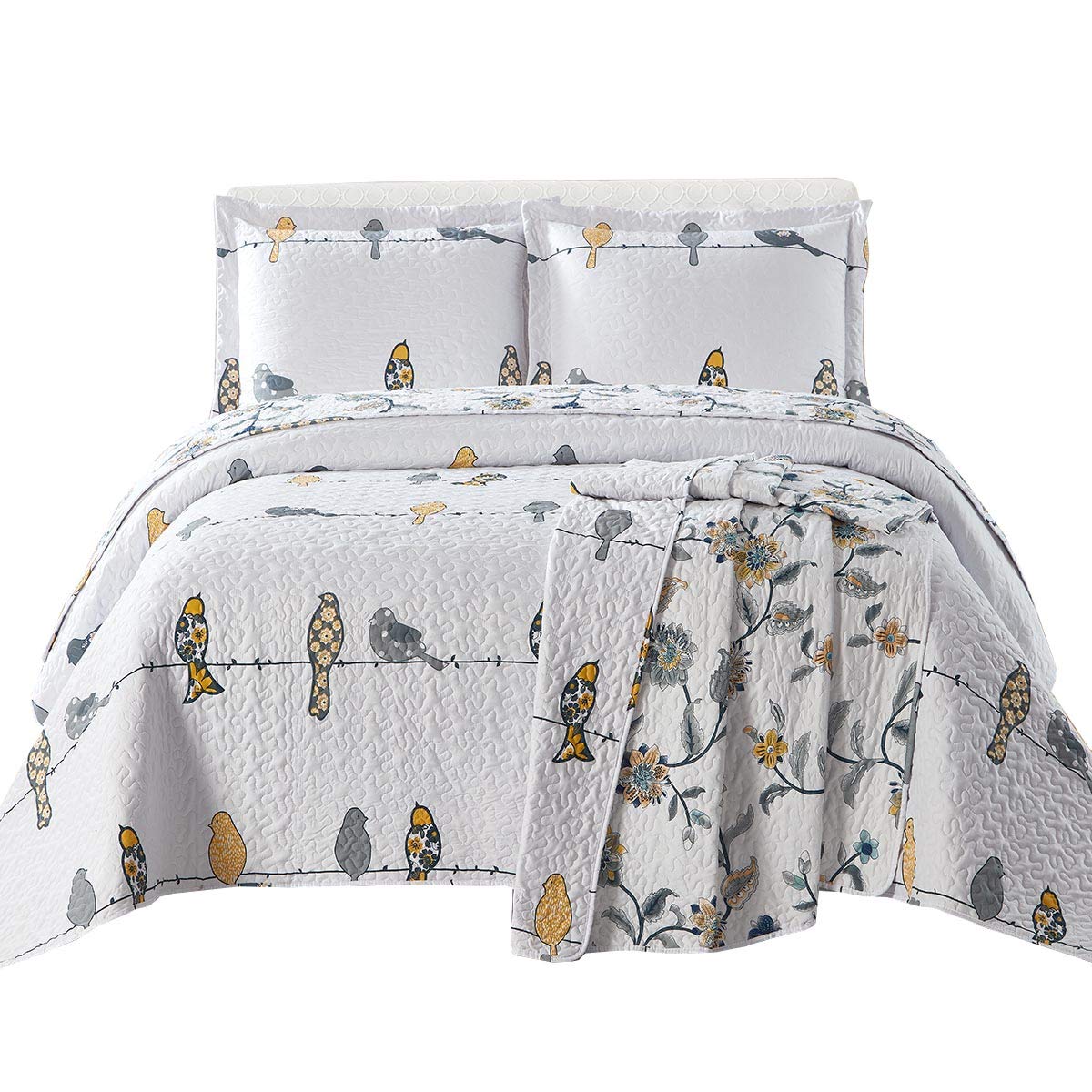 Royal Tradition Ayat-Birds Reversible Coverlets, Queen Over-Sized 3Pc Quilt Set (92-Inch Wide X 96-Inch Long) Lightweight Bedspr